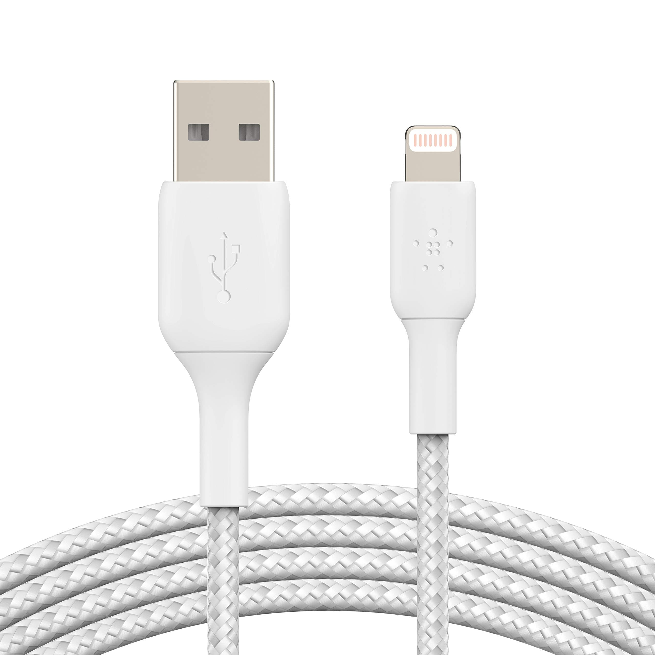 Belkin Apple Certified Lightning to USB A, 6.6 feet (2 meters) Charge and Sync Tough Braided Cable for iPhone, iPad, Air Pods – White