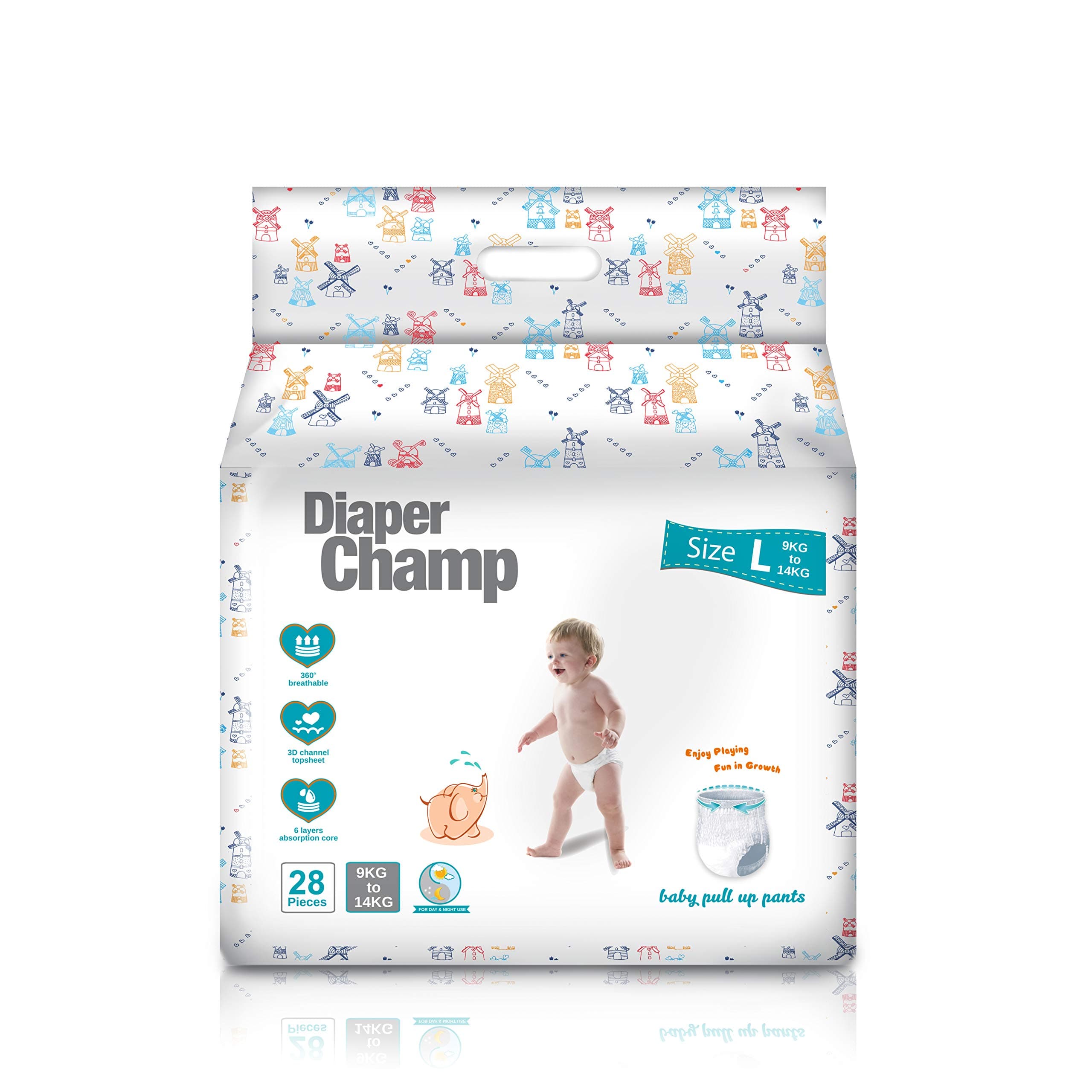 Diaper Champ Baby Diaper Pants, L Size, 28 Counts, No Chlorine & Paraben