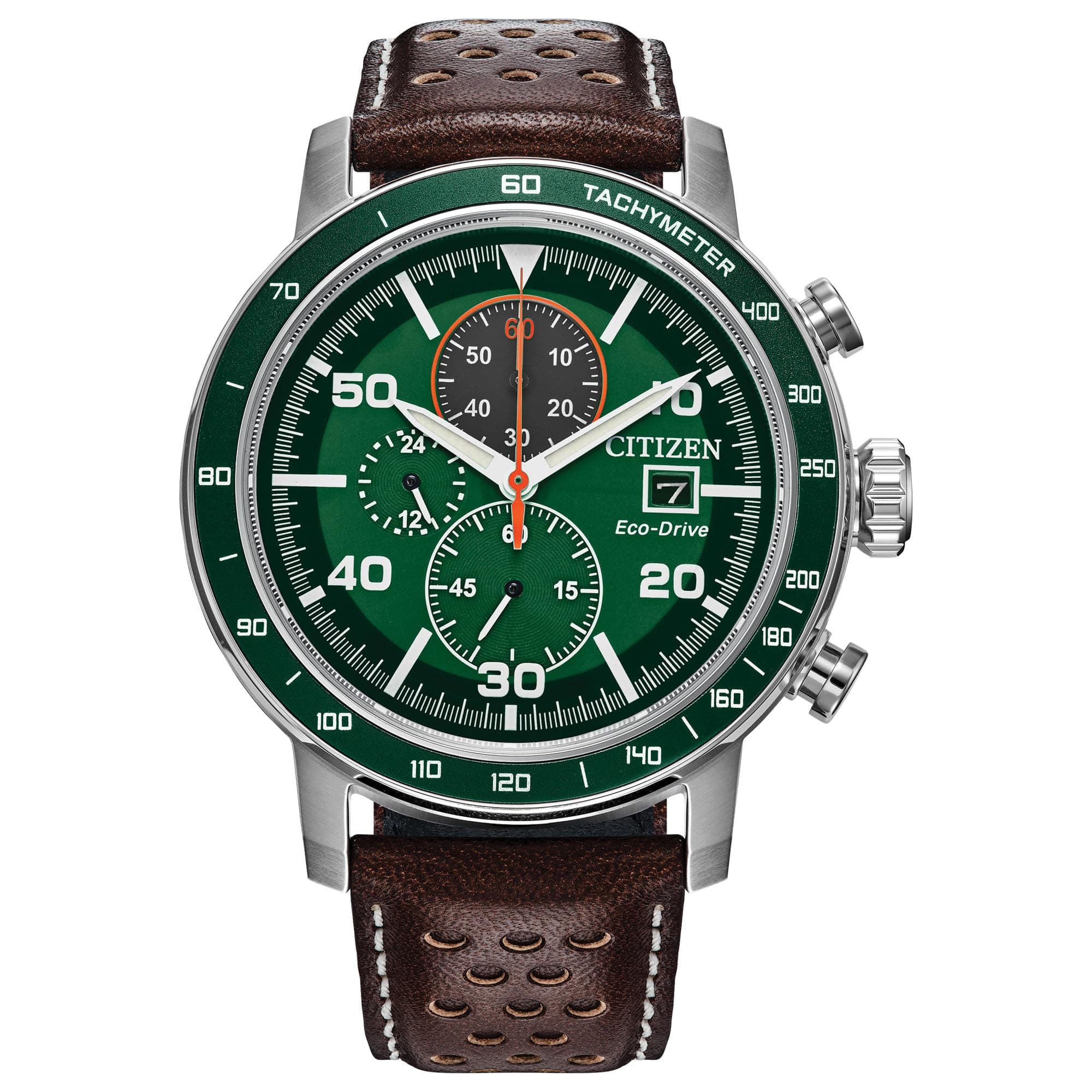 Citizen Men's Eco-Drive Weekender Brycen Chronograph Watch in Stainless Steel, Brown Preforated Leather Strap, Green Bezel, Time/Date, 3 Hand, Green Dial (Model:CA0851-05X), Green, Contemporary
