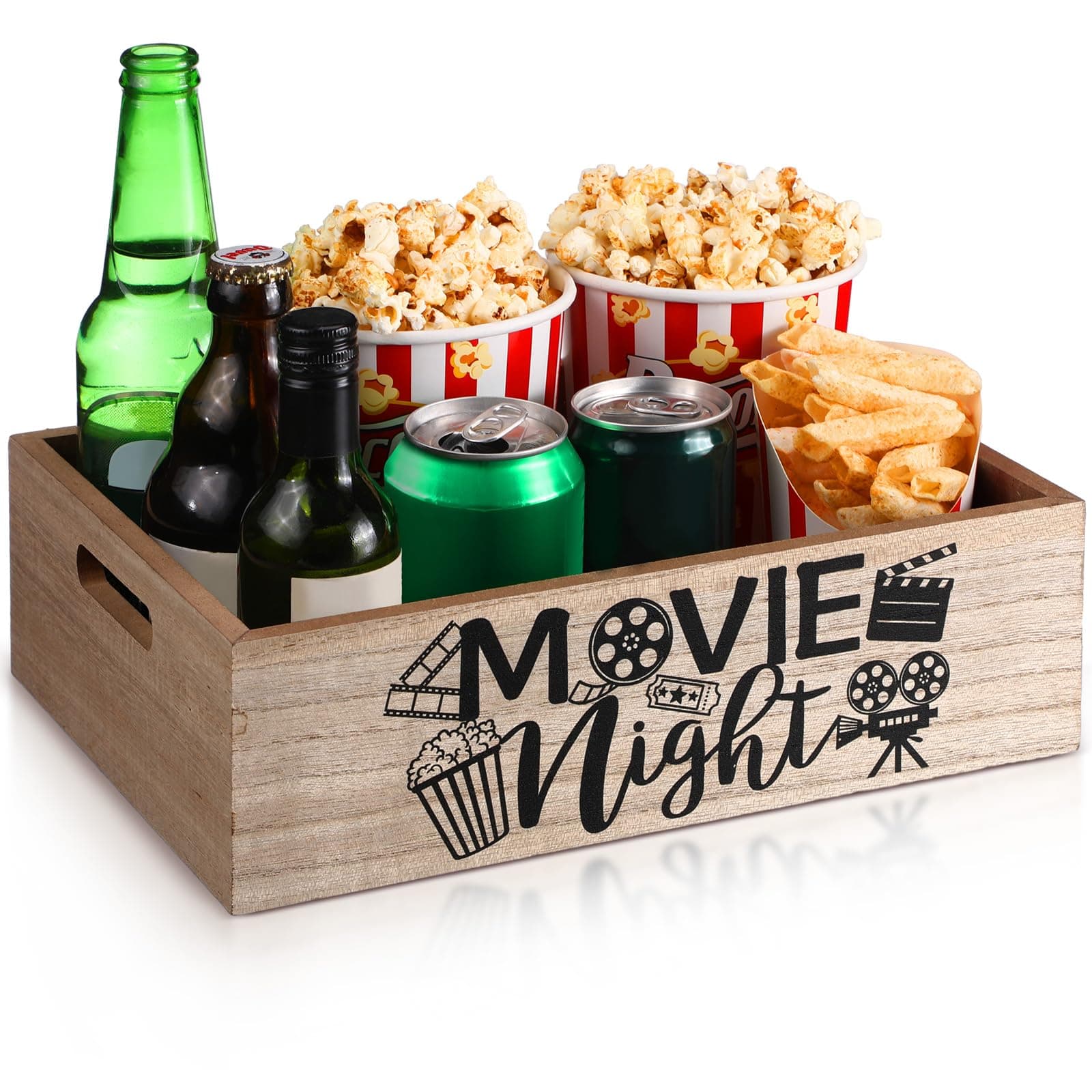 Movie Night Supplies Snack Trays with Handles Reusable Wooden Movie Gift Basket for Theater Popcorn Bucket Bowl Box Container Family Room Decor(Rustic Wood)