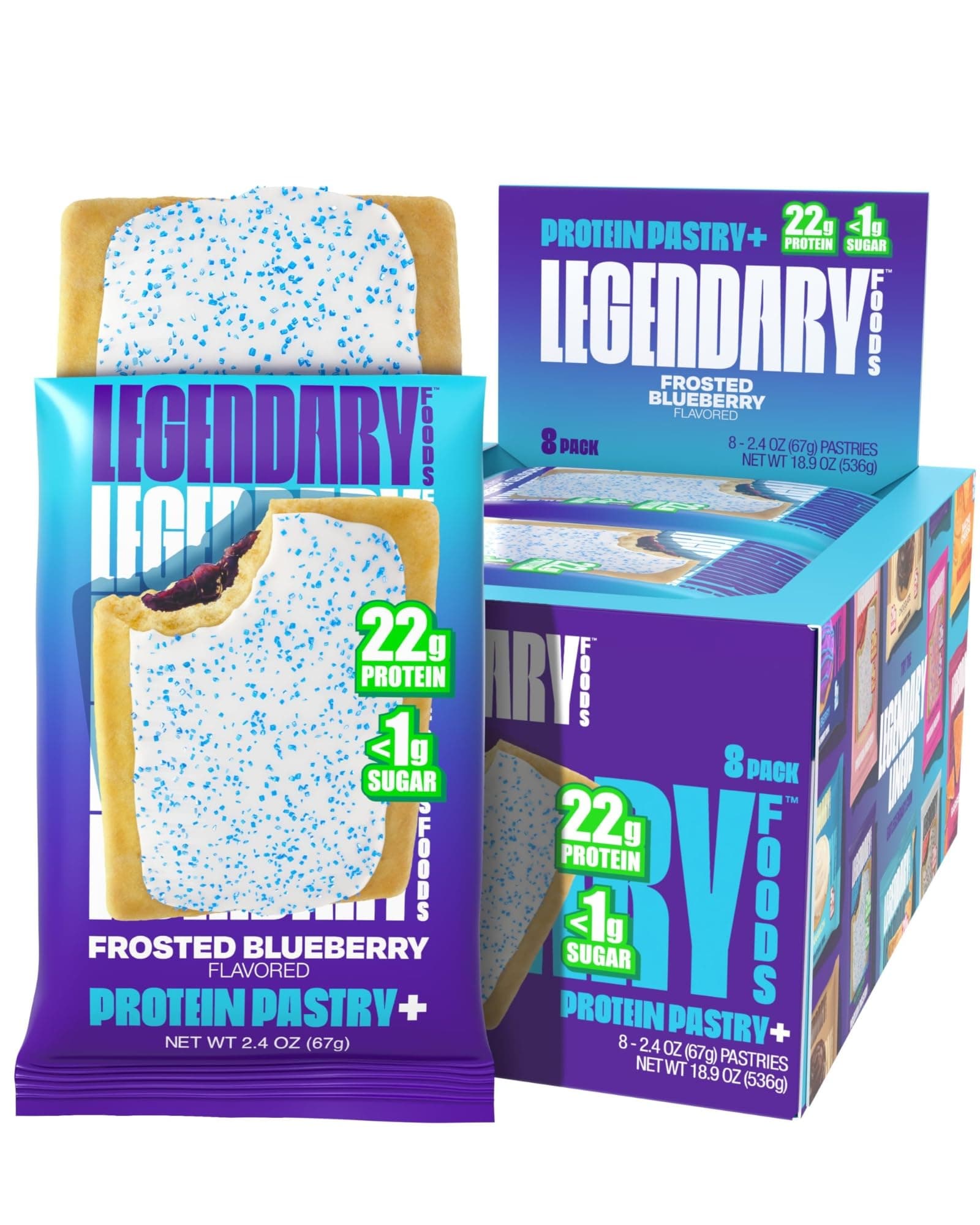 Legendary Foods 22g Protein Pastry 0g Added Sugar, Low Carb, Gluten Conscious, Keto Snack, Ideal for Glucose Management, Includes Whey Protein Isolate, 8 Pack Frosted Blueberry