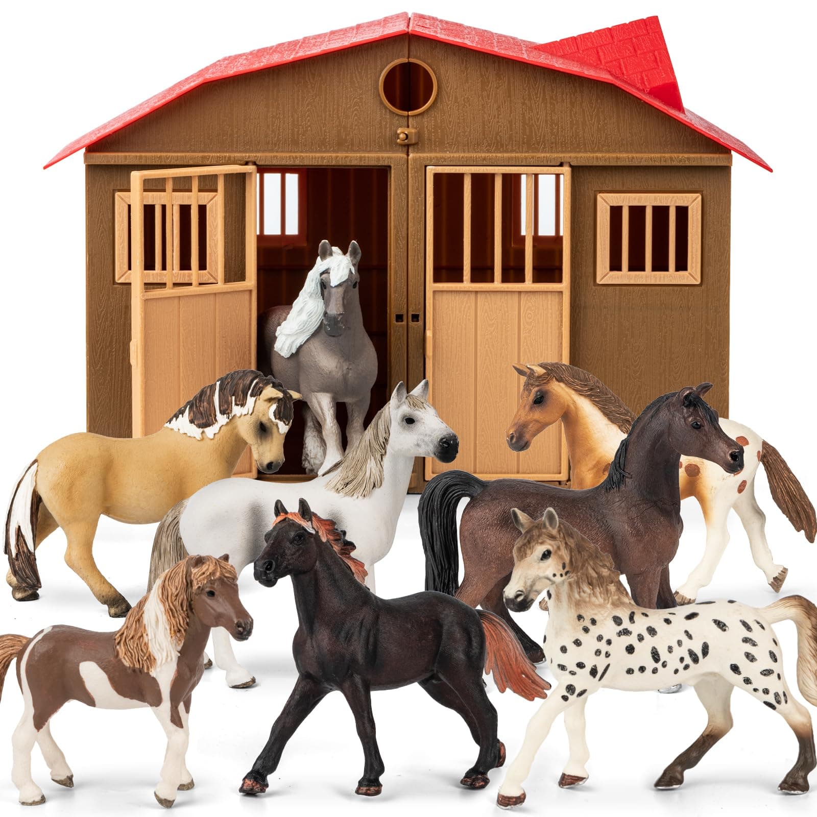 8 in 1 Horse Toy Set for Girl Age 6-12, 8 Pcs Realistic 5 inch Plastic Horsse Figure with Stable, Horrse Toy Figurine Farm Animal Gift for Boy Toddler Kid Horse Birthday Party Decoration Supplies