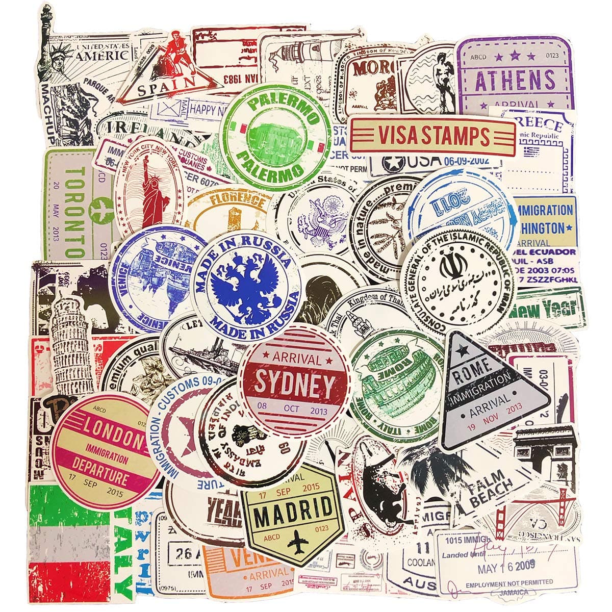 ONESHAW 60-Pcs Vintage Travel Stickers Pack Waterproof Vinyl Retro Bumper Decals Perfect Graffiti for Laptop Car Skateboard Water Bottle Scrapbook Travel Case Guitar Luggage Motorbikes (Travel Stamp)