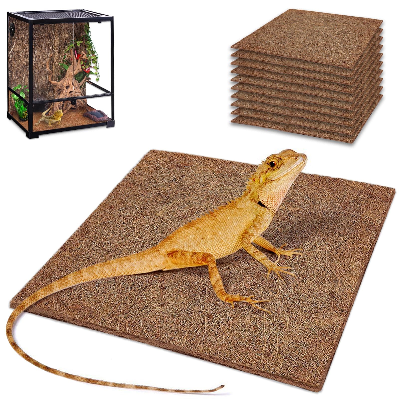 ZeeDix 10 Pieces Reptile Carpet- 12 x 12 inches Natural Coconut Fiber Pet Mat Tortoise Carpet Mat Coco Fiber Substrate Liner Pet Terrarium Liner for Lizard Turtle Snake Gecko Bearded Dragon