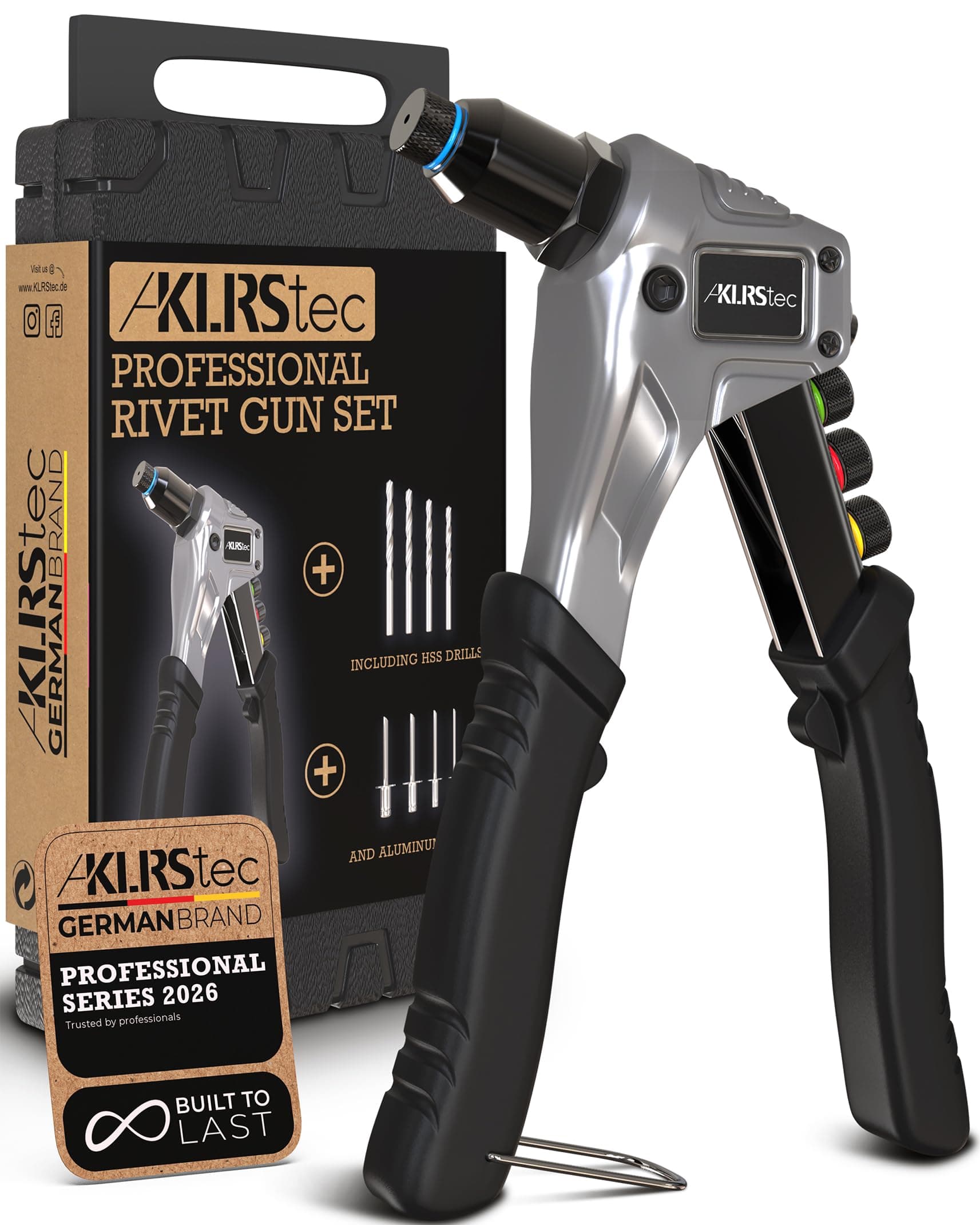 KLRStec Professional Rivet Gun Kit incl. 120 Pop Rivets and 4 HSS Drills - High quality Pop Rivet Tool Kit for processing Blind Rivets