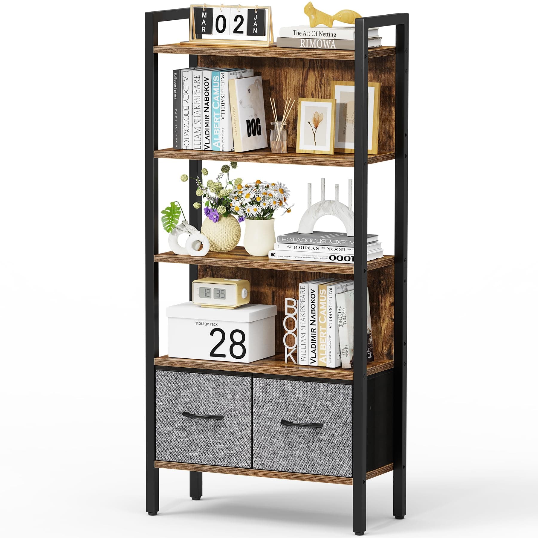 5 Tier Bookshelf with 2 Drawers, Tall Narrow Bookcase, Industrial Book case,Rustic Brown Storage Rack with Open Shelves Metal Book Shelf Organizer for Bedroom, Living Room, Home Office