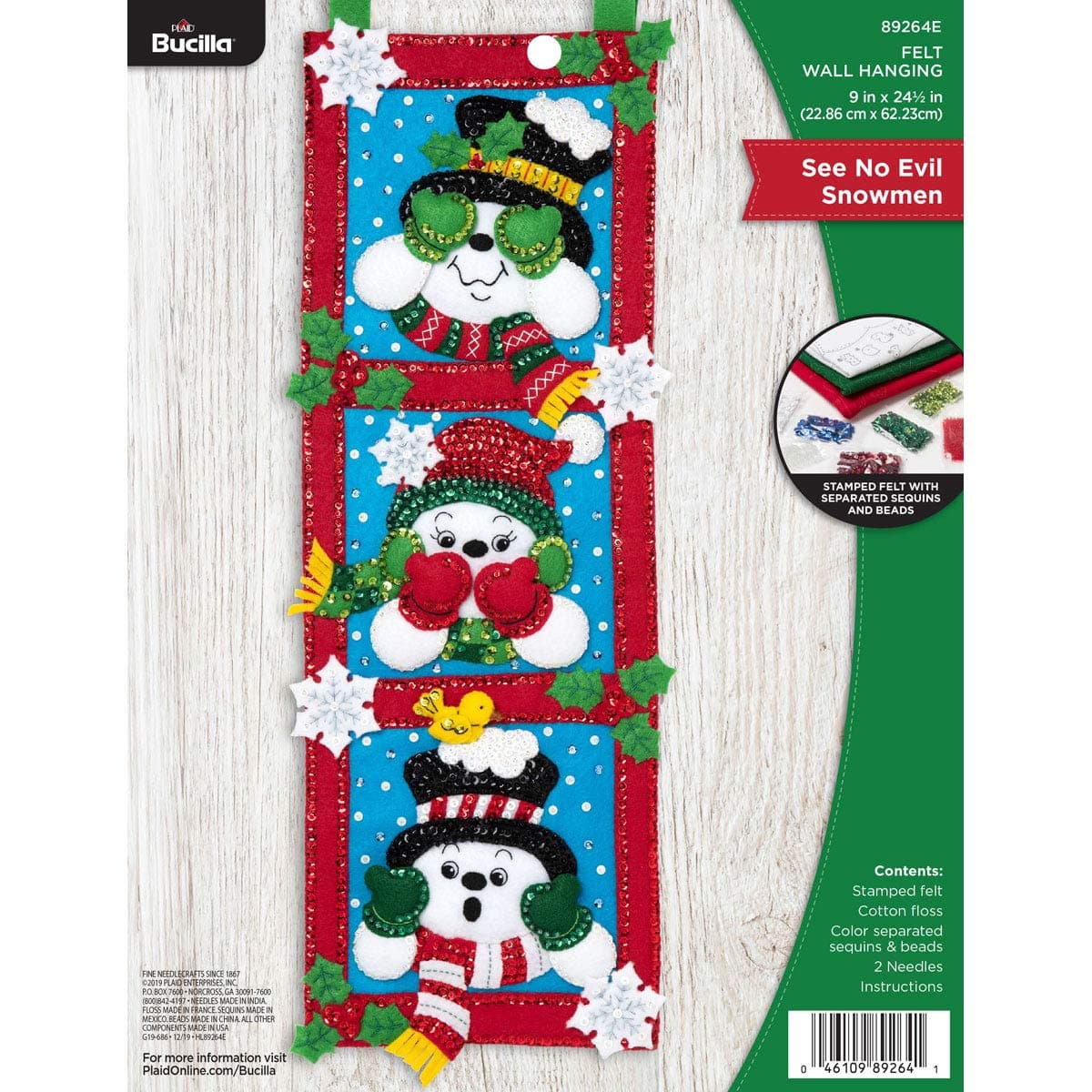 Bucilla 89264E Felt Applique Christmas Wall Hanging Kit, 9" x 24.5", See No Evil Snowmen