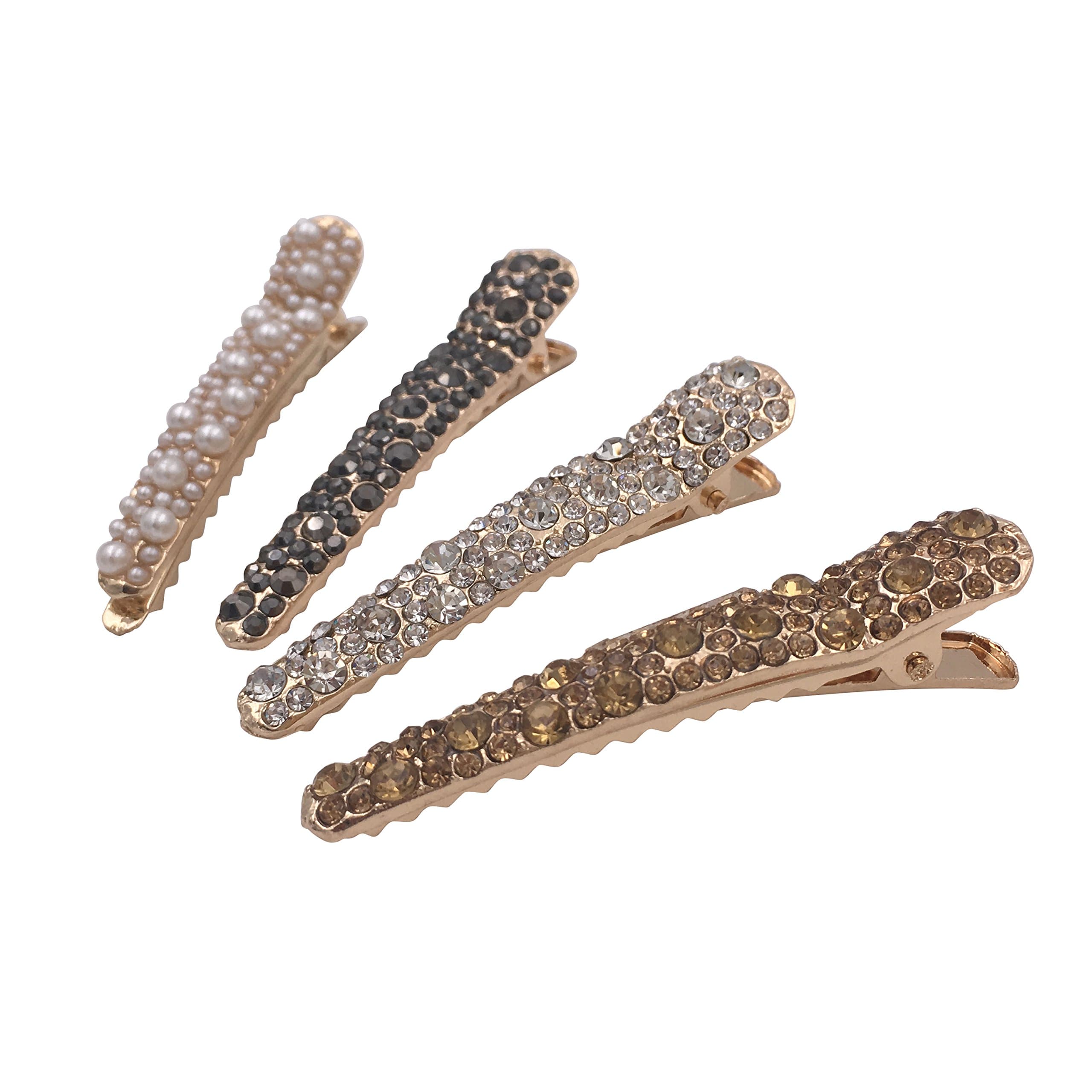 4PCS Gold Tone Rhinestone Crystal Pearl Beak Duckbill Alligator Clip Pin Hair Accessories Women Girls