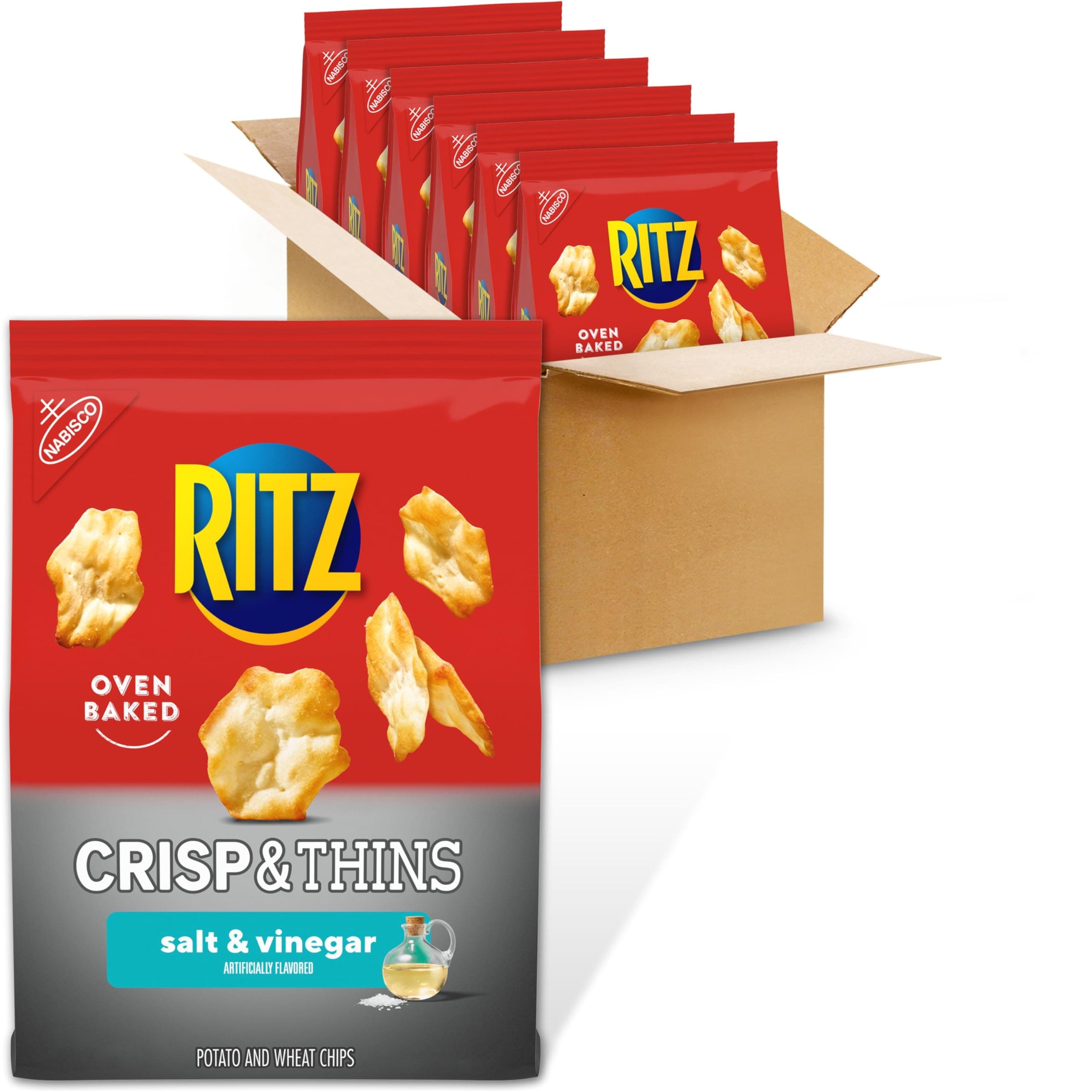 RITZ Crisp and Thins Salt and Vinegar Chips, Party Snacks, Bulk Snacks, 6 - 7.1 oz Bags