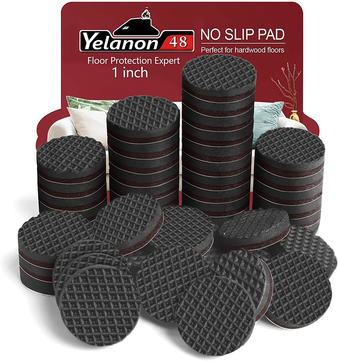 Yelanon Non Slip Furniture Pads - 48 pcs 1" Felt & EVA Furniture Grippers, Black, Round, Anti Slide Hardwood Floor Protector