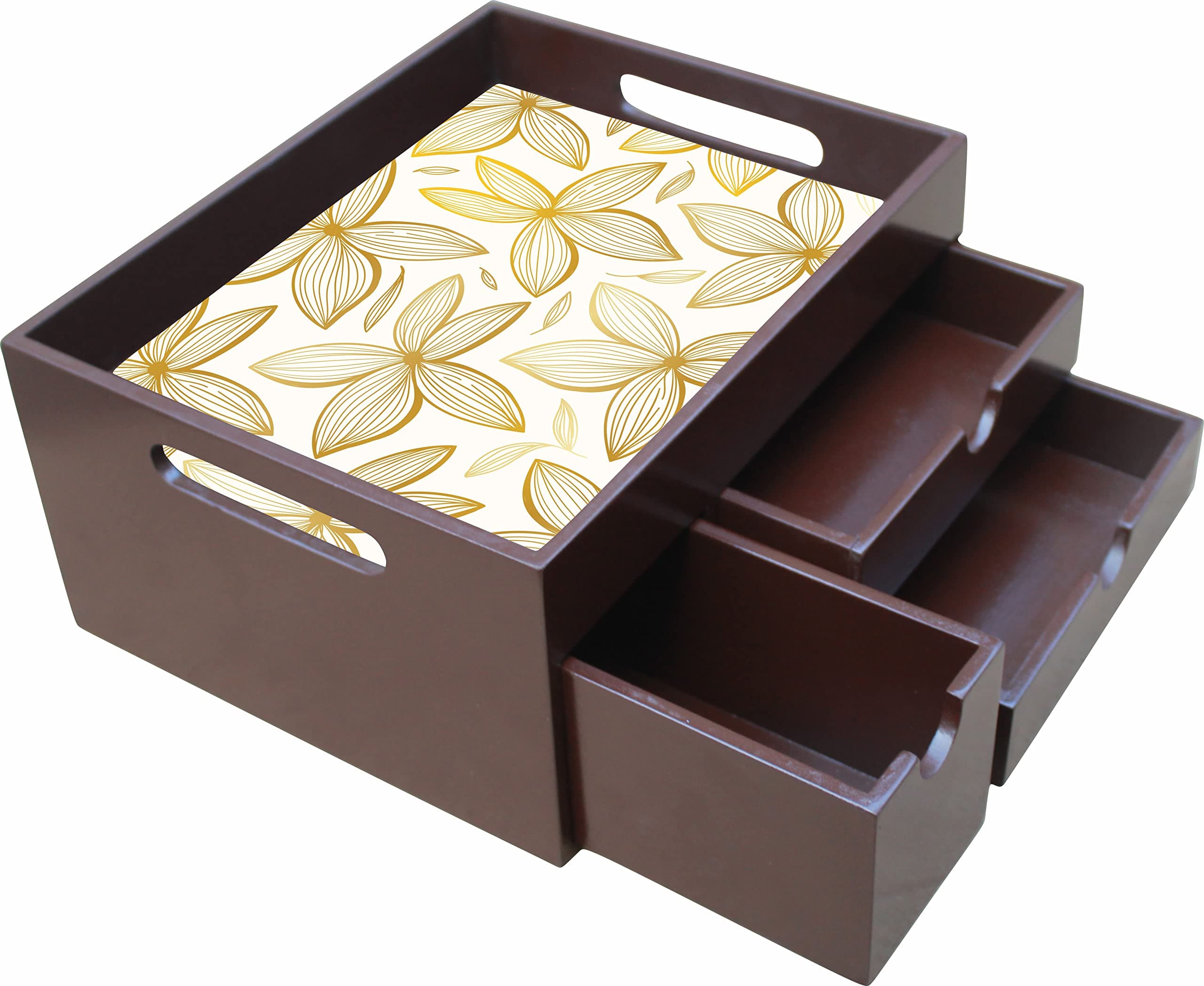 Enigmatic Woodworks Wooden Tray with Multi Drawer – Stylish Kitchen Organizer & Home Décor, 10x5x8 Inches, Brown with Golden Flower Design
