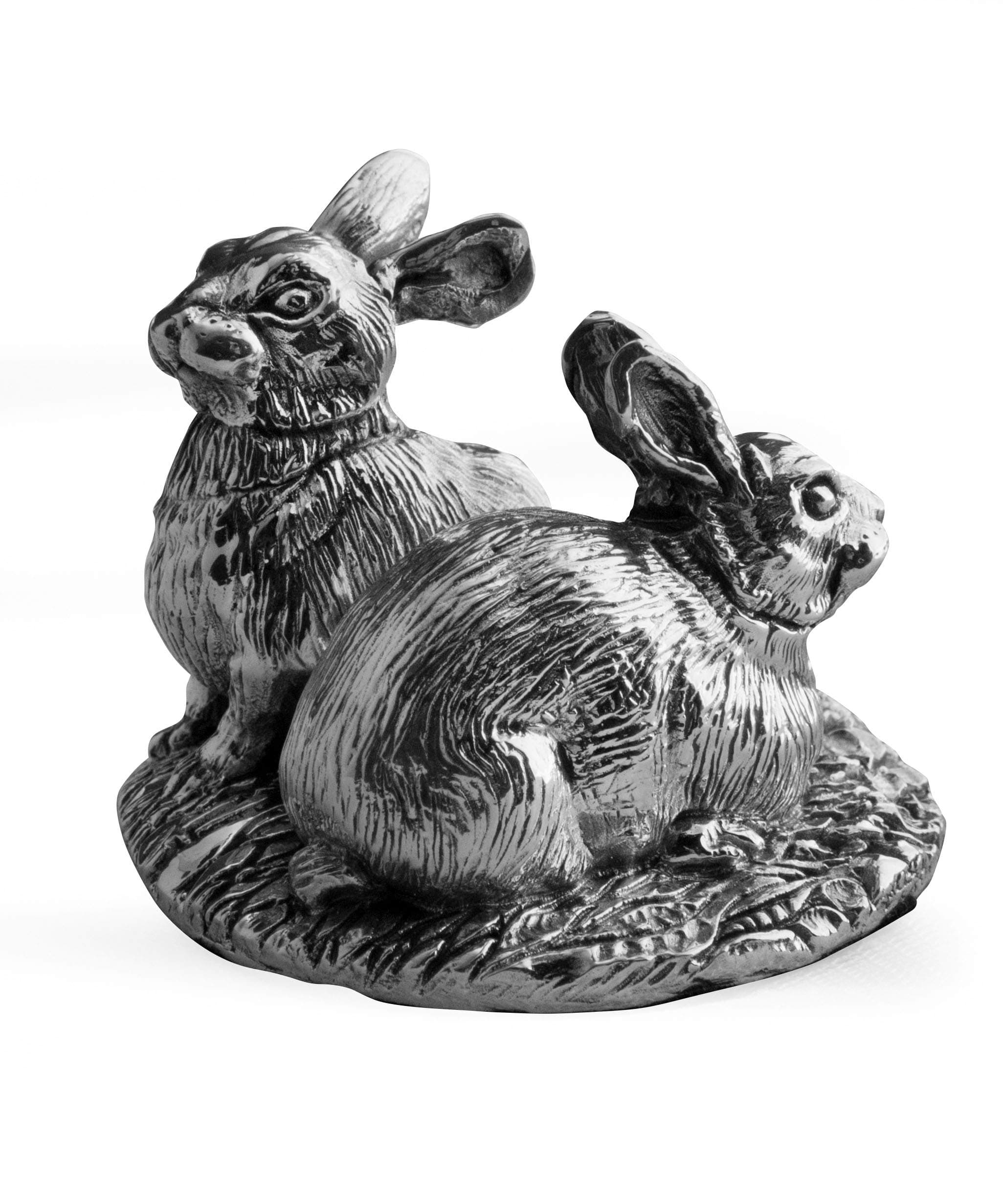 Silver rabbit ornament featuring two rabbits.Hallmarked. Made in England.