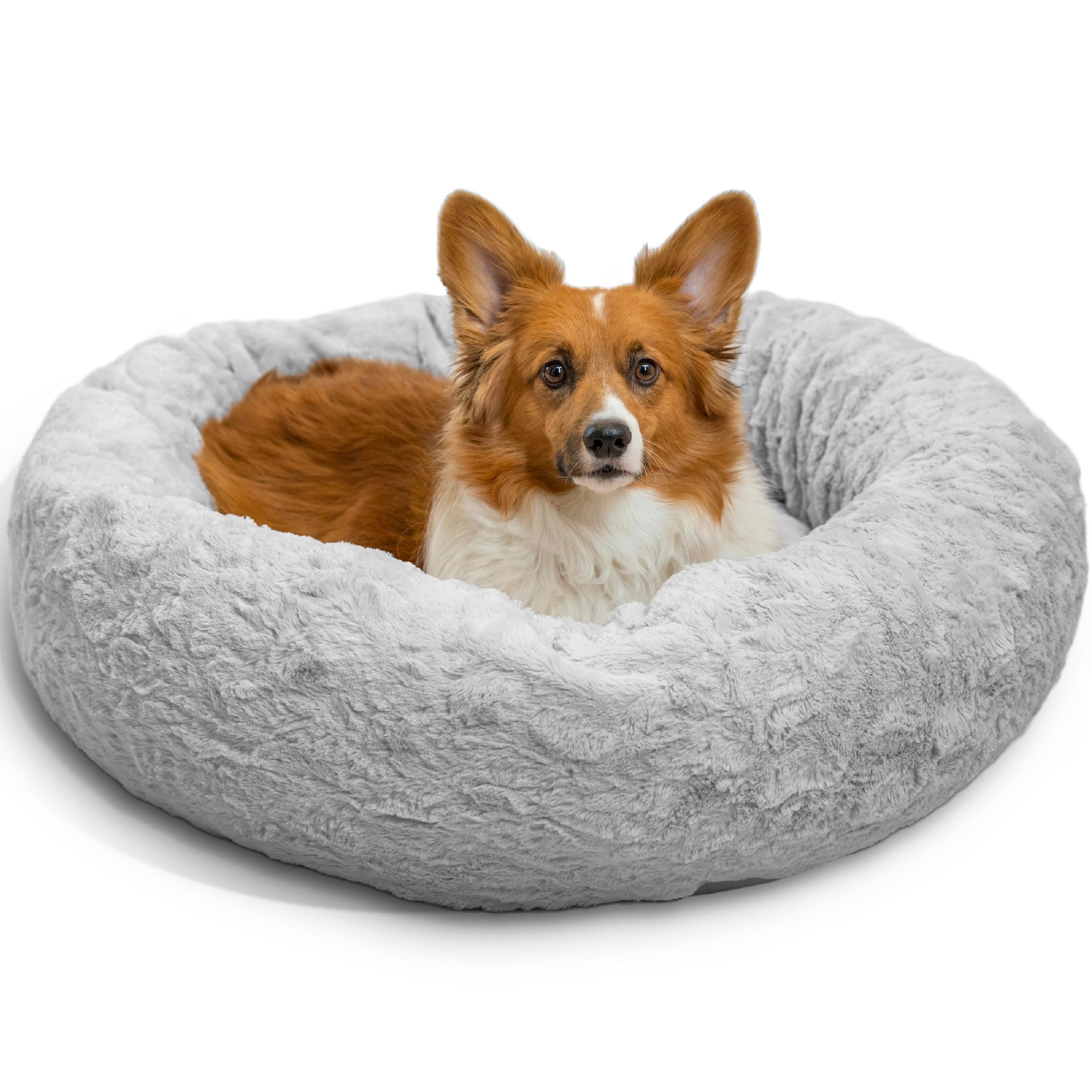 The Original Calming Donut Dog Bed – Washable Plush Pet Bed for Medium Breeds up to 45 lbs, Lux Faux Fur, Gray, Medium (30" x 30")