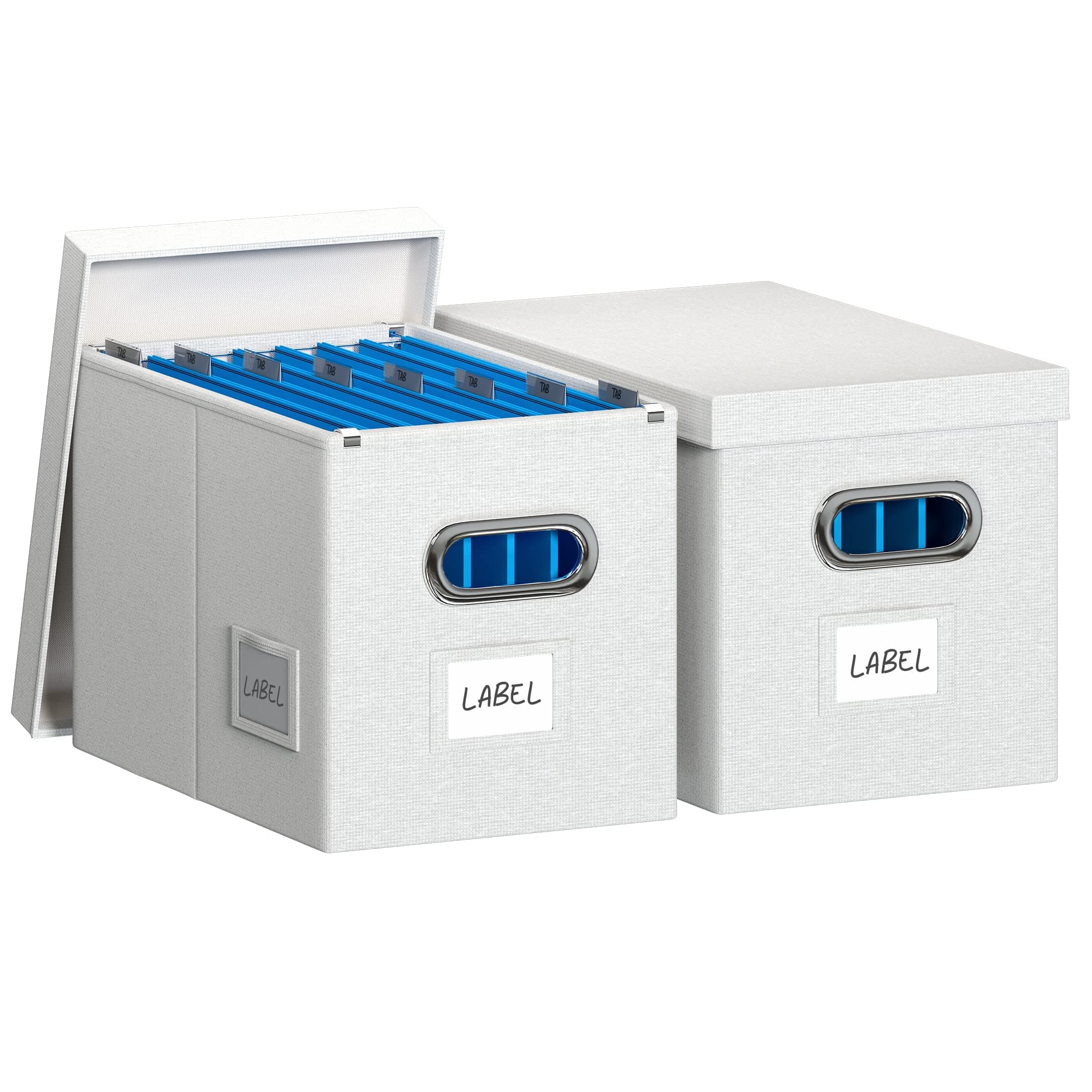 Hanging File Box with Lid, Set of 2 Filing Organizer Storage Box, Linen Collapsible Decorative Office/Home File Cabinet (14x9.3x10.9 inch) (Off White)