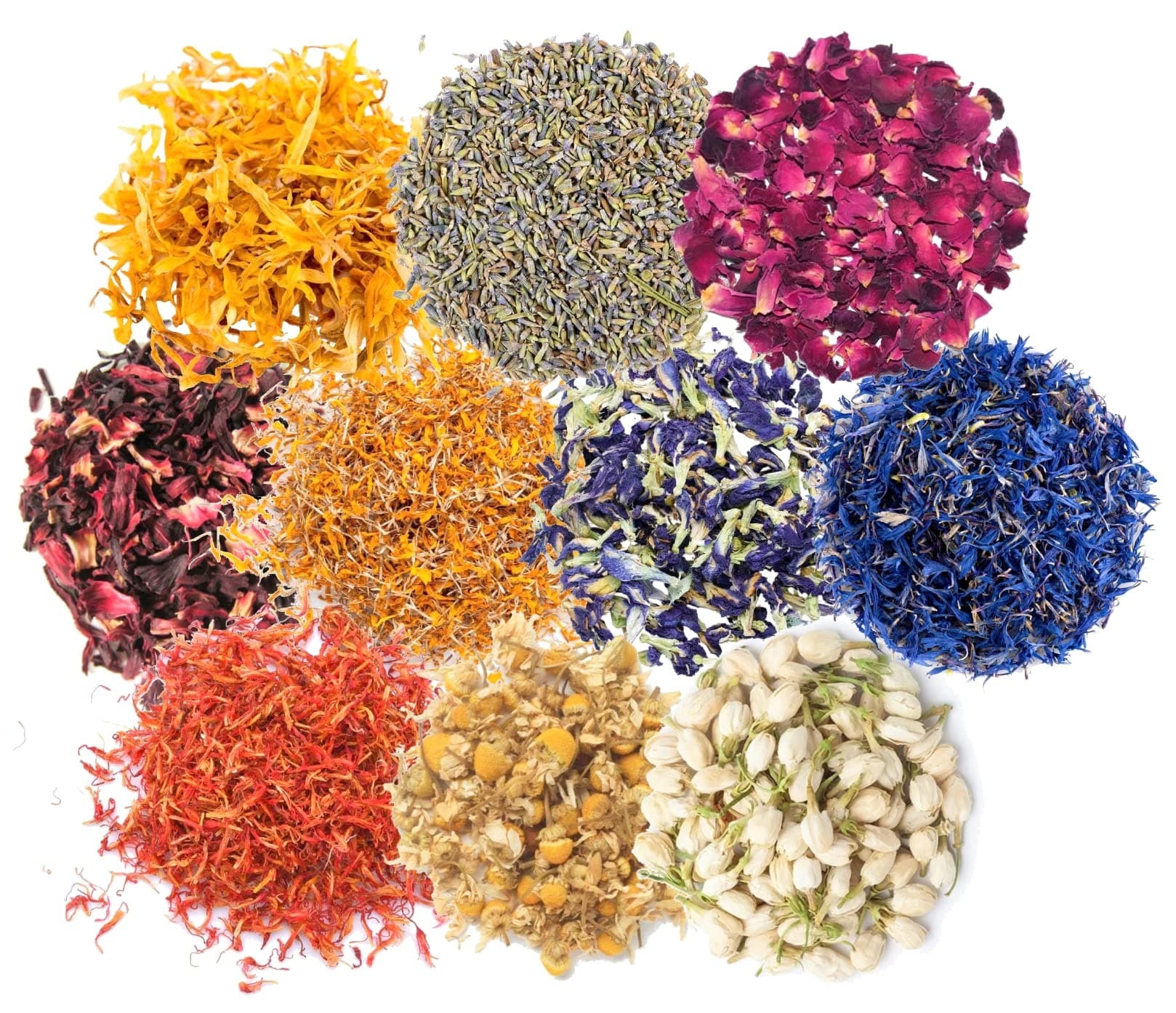 Combo of Dried Jasmine, Safflower, Lavender, Butterfly Pea, Marigold, Rose, Hibiscus, Blue Cornflower, Chamomile, Calendula Flowers Each of (20 GMS)