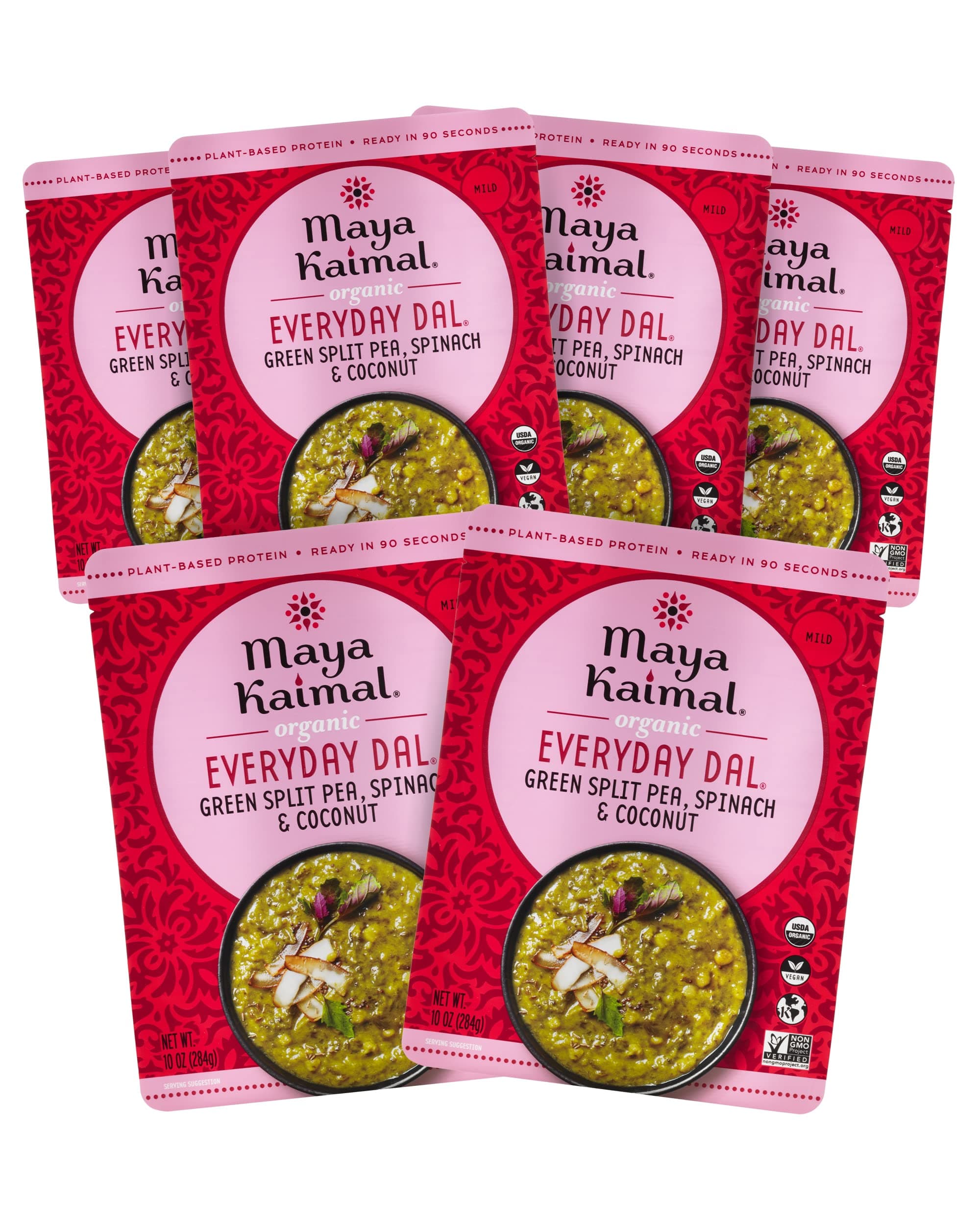 Maya Kaimal Organic Indian Green Split Pea Everyday Dal, Fully Cooked with Spinach and Coconut. Vegan, Microwavable, Ready to Eat 6 Count, 10 oz (Pack of 6)