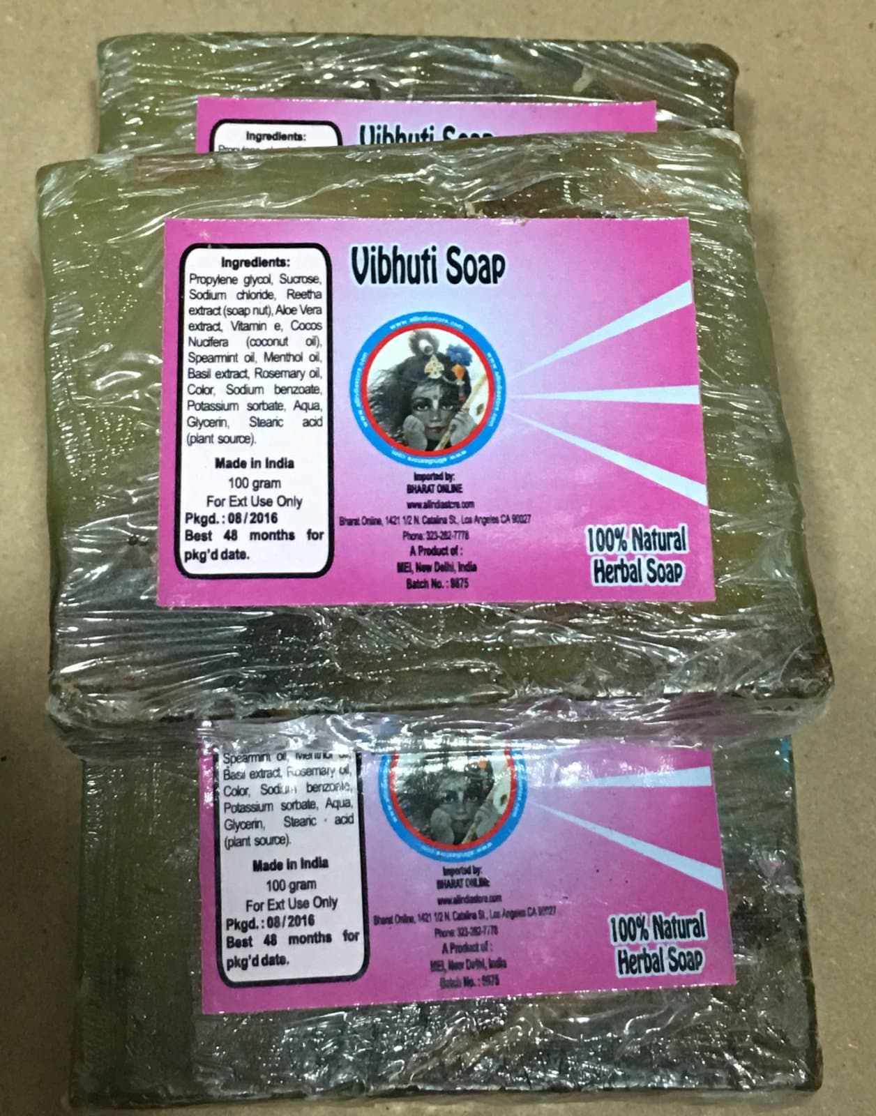 3 VIBHUTI SOAPS 100G (3.5 OZS) ea - bar size apr 2-1/2"x2"x 0.9" - Bharat online brand with natural ingredients