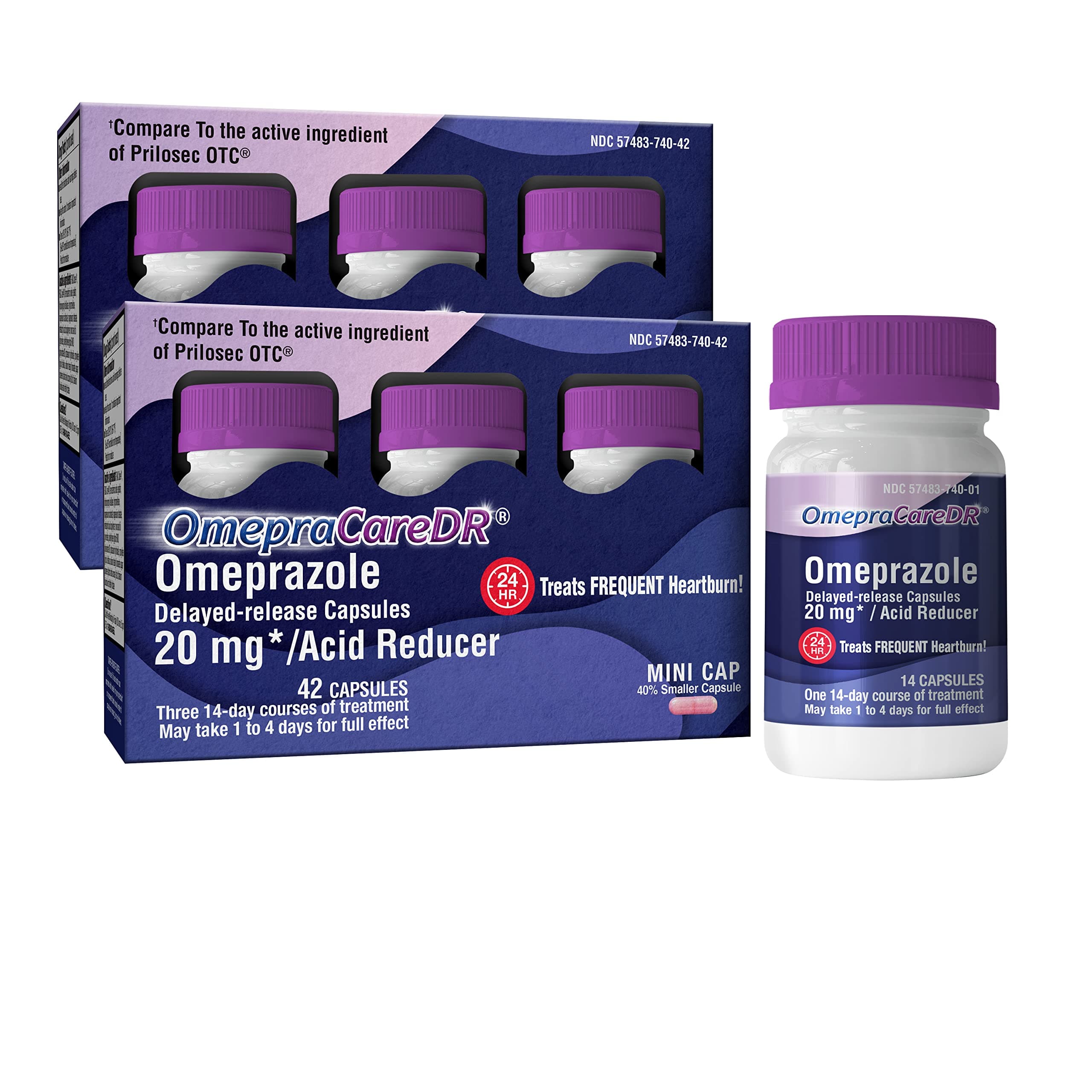 OmepraCare DR 84 Count Capsules Omeprazole 20mg Helps with Frequent Heartburn Relief, (14 Capsules/Bottle) Two 3-Pack Cartons for Six 14-Day Courses, Delayed-Release Mini Capsules