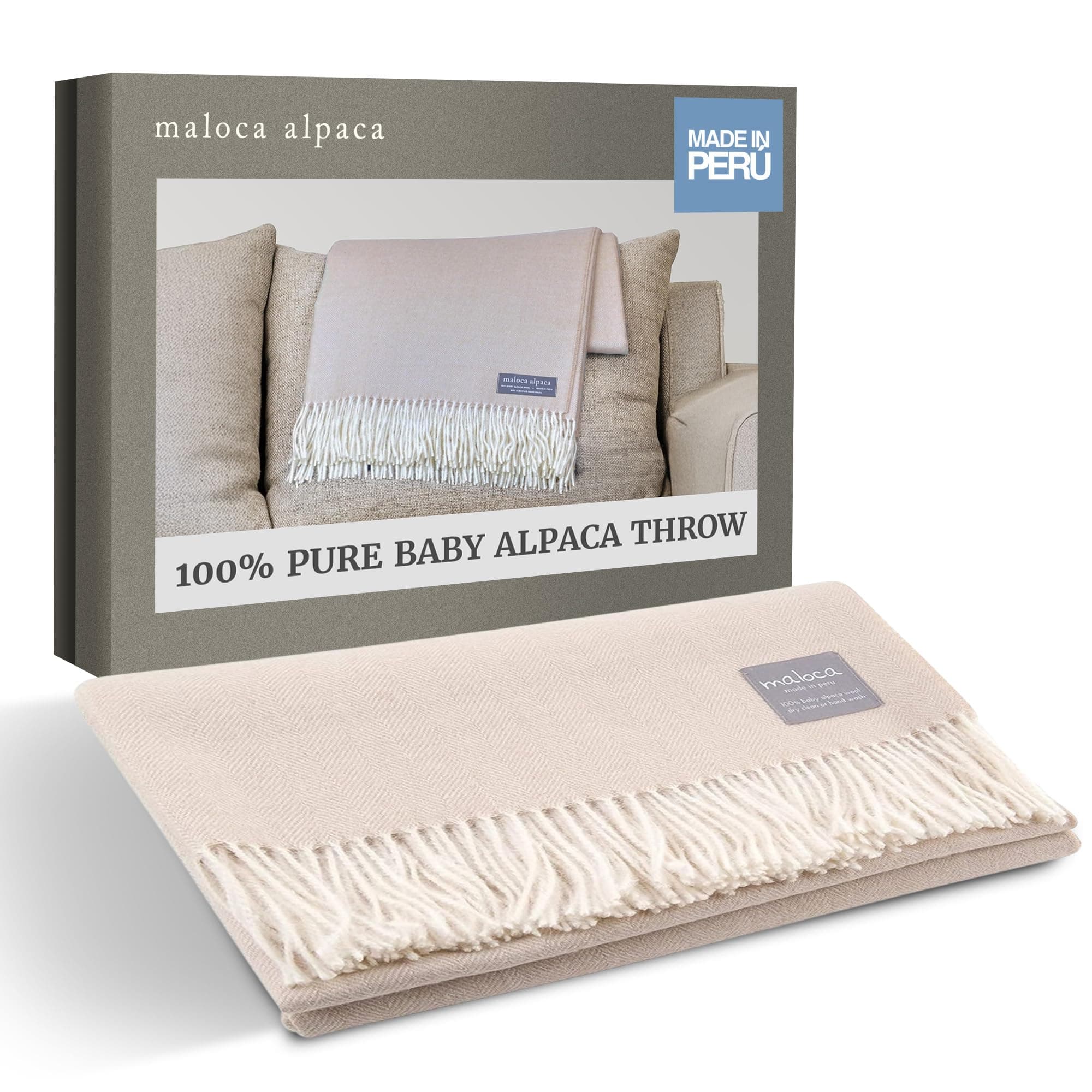 100% Baby Alpaca Wool Herringbone Weave - Limited Production Ethically Sourced Throw Blanket Warmer Than Wool - Decorative Comfy Blanket for Couch, Sofa, or Beds - Off-White/Cream