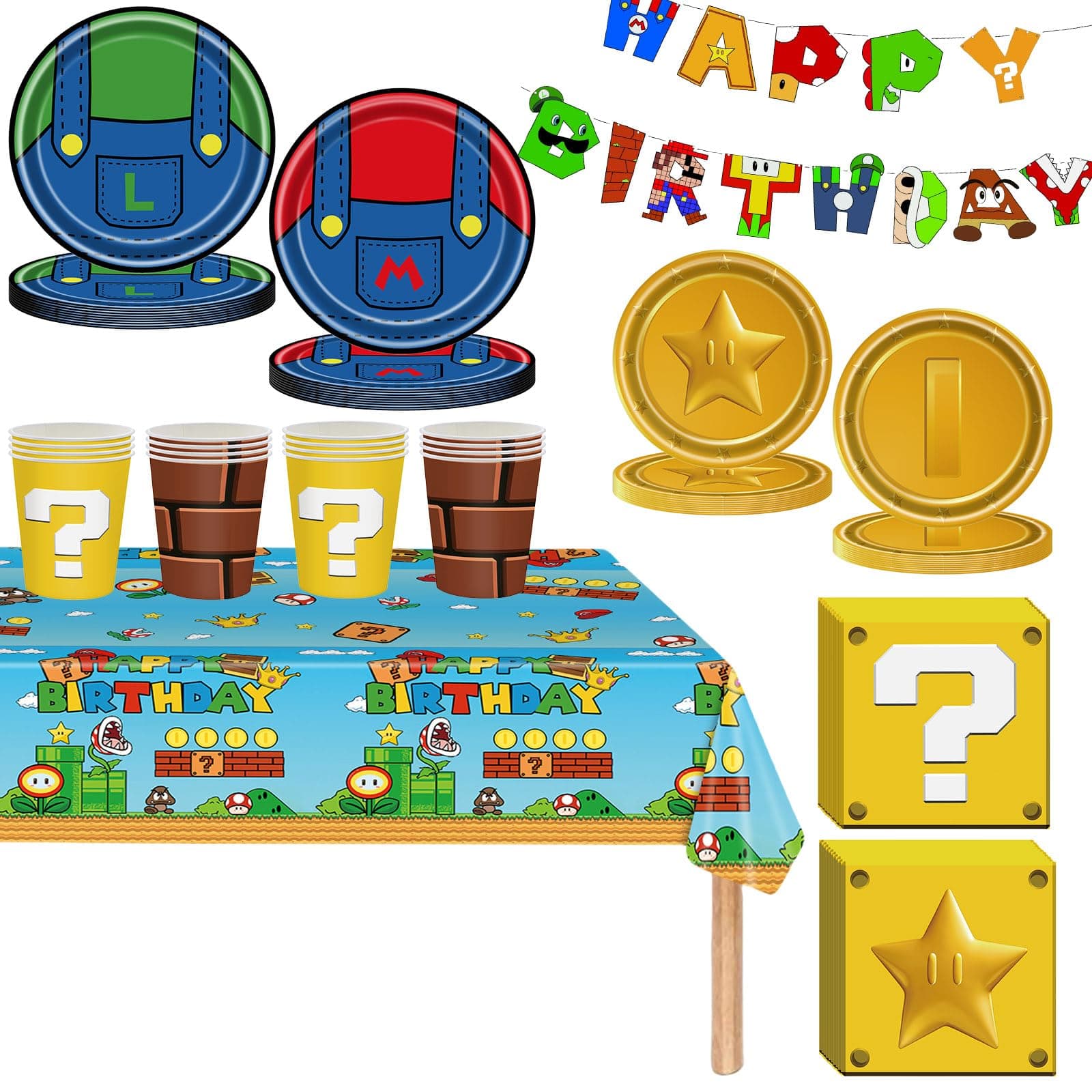 Super Mario Birthday Party Tableware Set for Kids ,82pcs Super Brother Birthday Dinnerware Coins Paper Plates Cups Napkins and Happy Birthday Banner for Kids Birthday Party Table Decorations