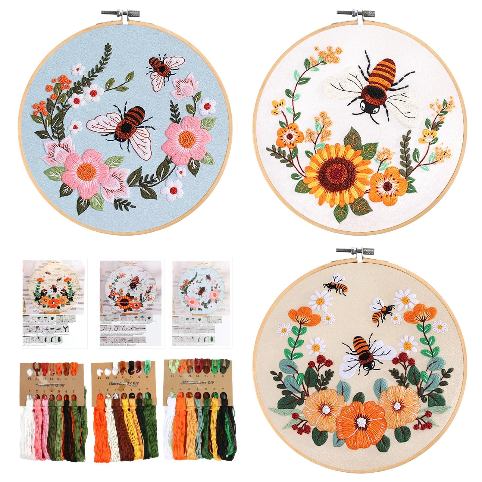 3 Sets Embroidery Kit for Adults and Beginners, Embroidery Starter Kit with Flowers Bee Pattern, Cross Stitch Kits for Kids Adults, with Embroidery Hoops, Fabric, Threads Needles and Instruction