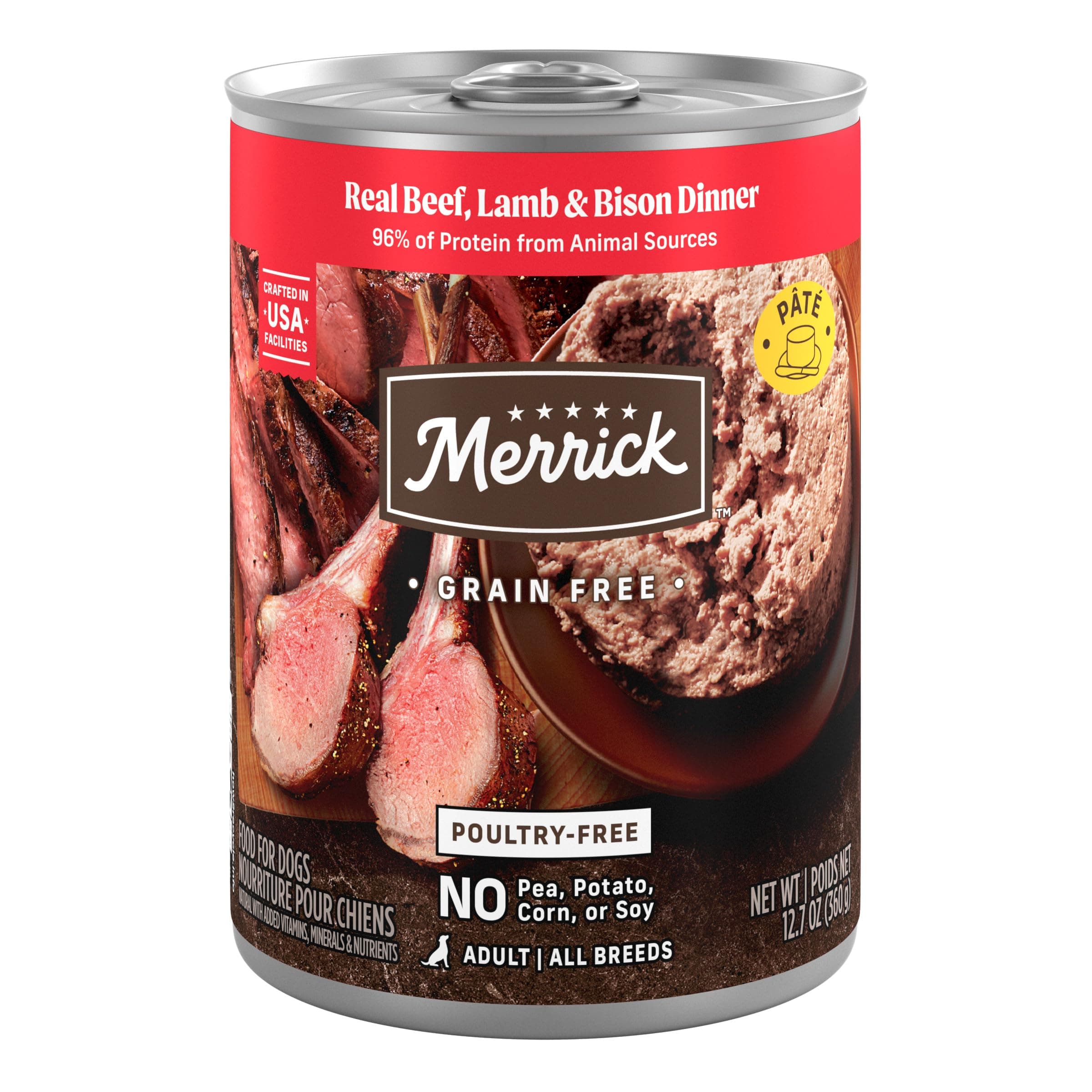 - Merrick Grain Free Premium And Natural Canned Dog Food, Soft And Healthy Poultry Free Wet Recipe, Real Beef Lamb And Bison - (Pack of 12) 12.7 oz. Cans