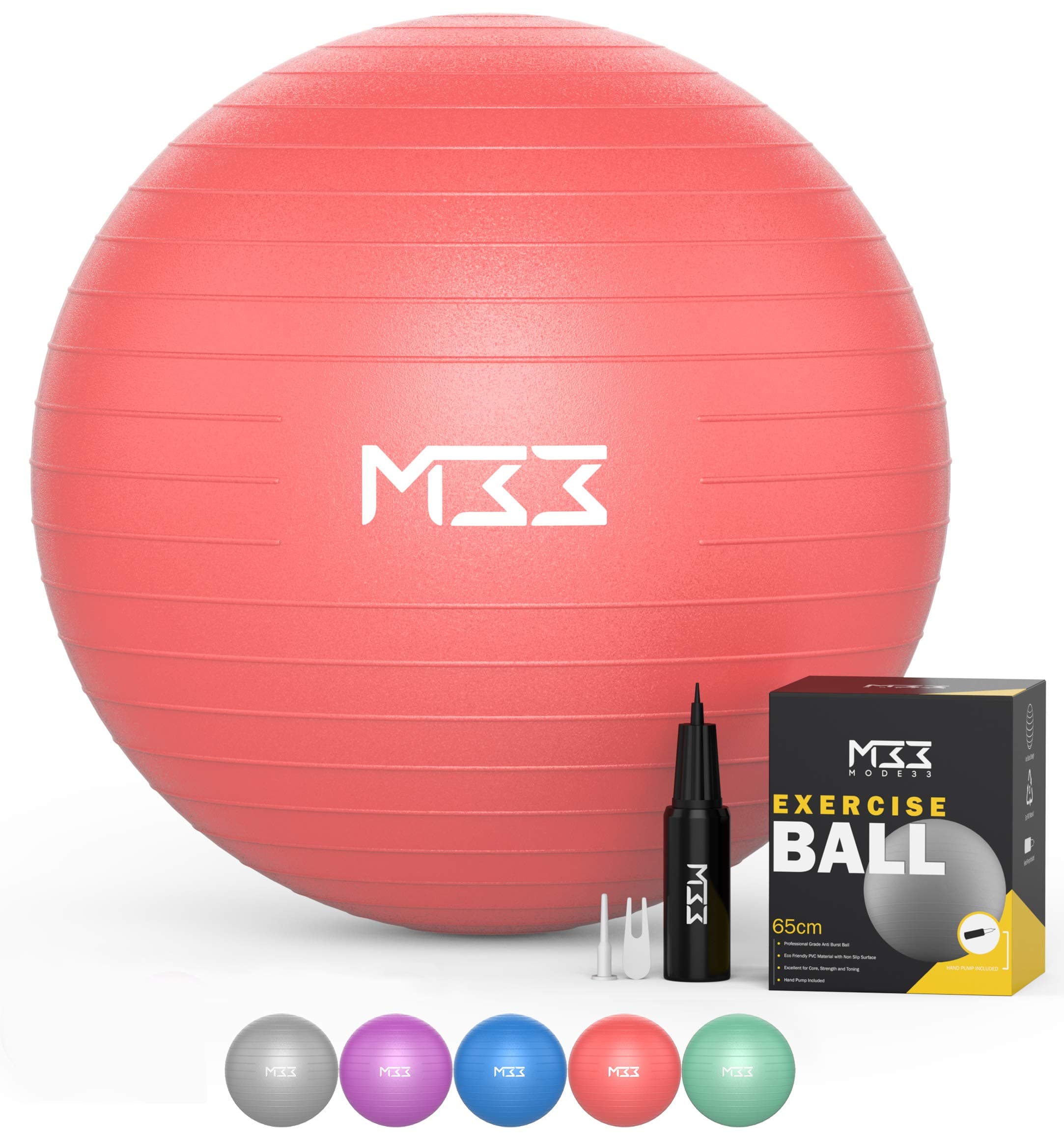 Mode33 Exercise Fitness Ball Set - 55 to 85cm Extra Thick Anti-Burst Yoga Ball with Hand Pump - Gym Ball for Fitness, Pilates, Pregnancy, Labour – Multiple Colours