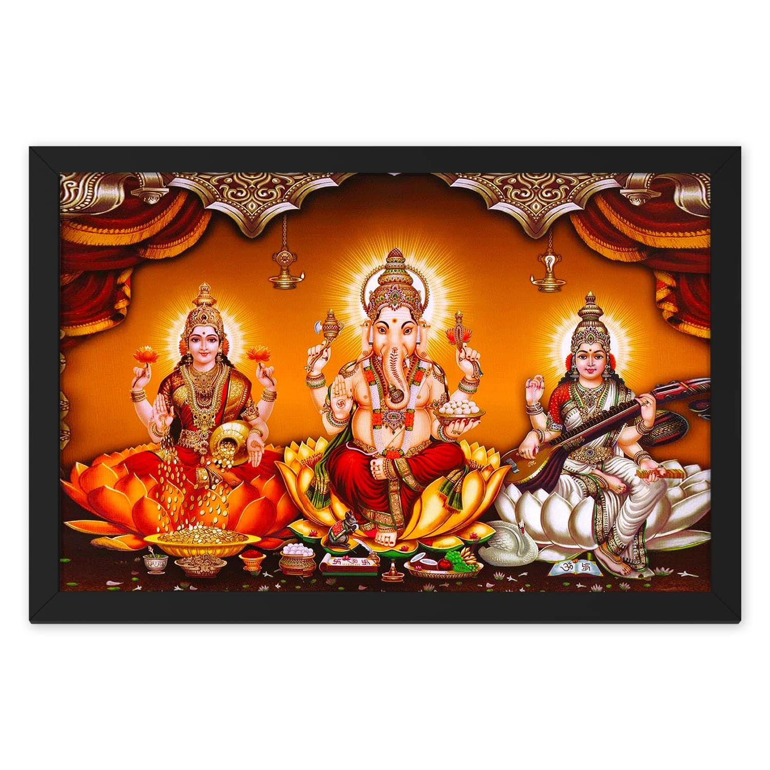 Ritwika's Laxmi Ganesh Saraswati Religious Diwali Pooja Painting With Black Frame Abstarct For Home & Office Decor, Size 13.5 x 9.5 inch, Set of 1 (Multi Colour)