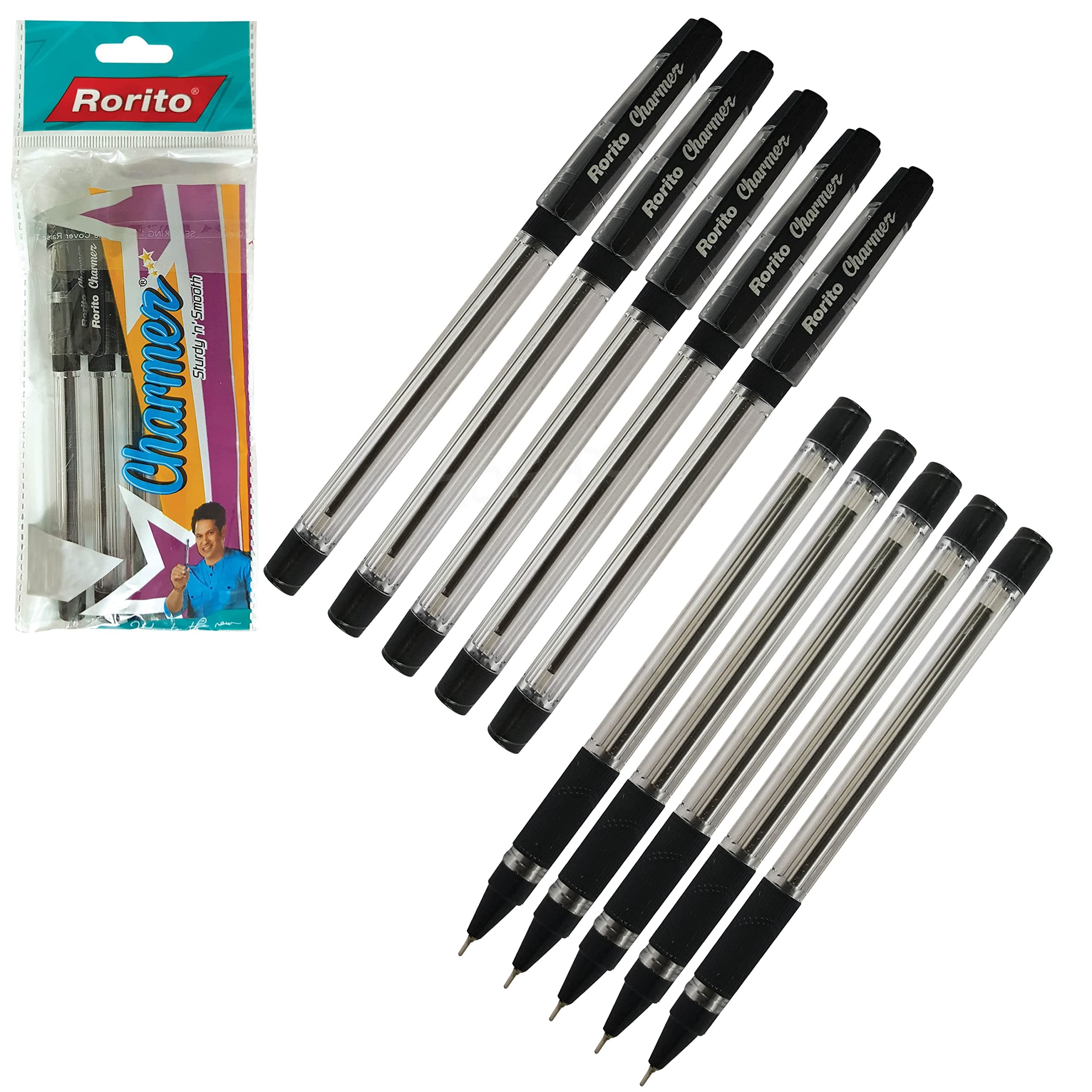 10 x 0.7mm Charmer BLACK Ballpoint Pens Soft Grip Fast Smooth Writing