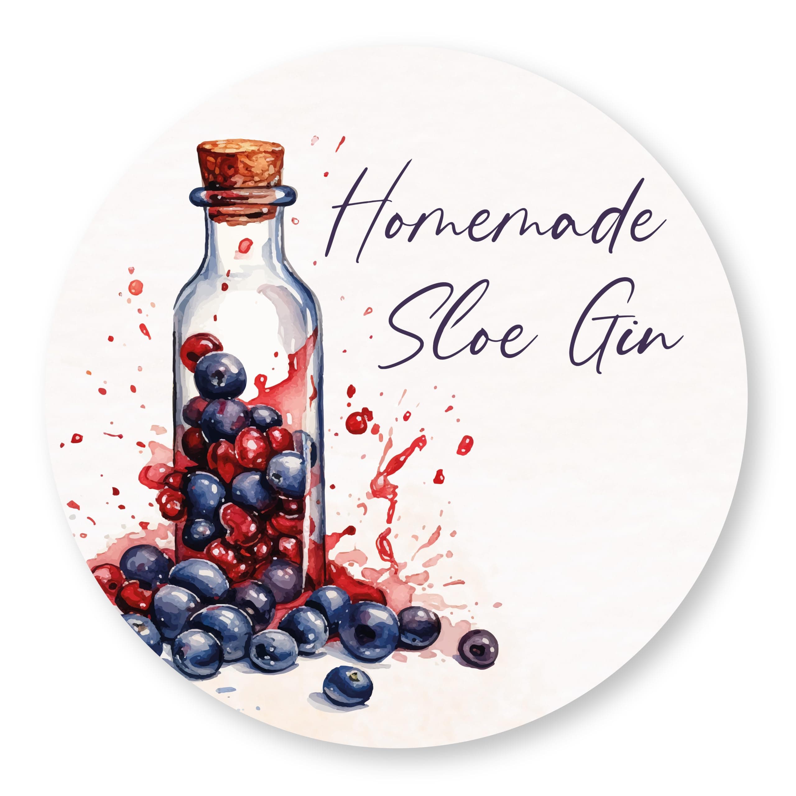 (Pack of 12) Homemade Sloe Gin Labels - Watercolour Splash Sloe Berry Design (63mm Round)