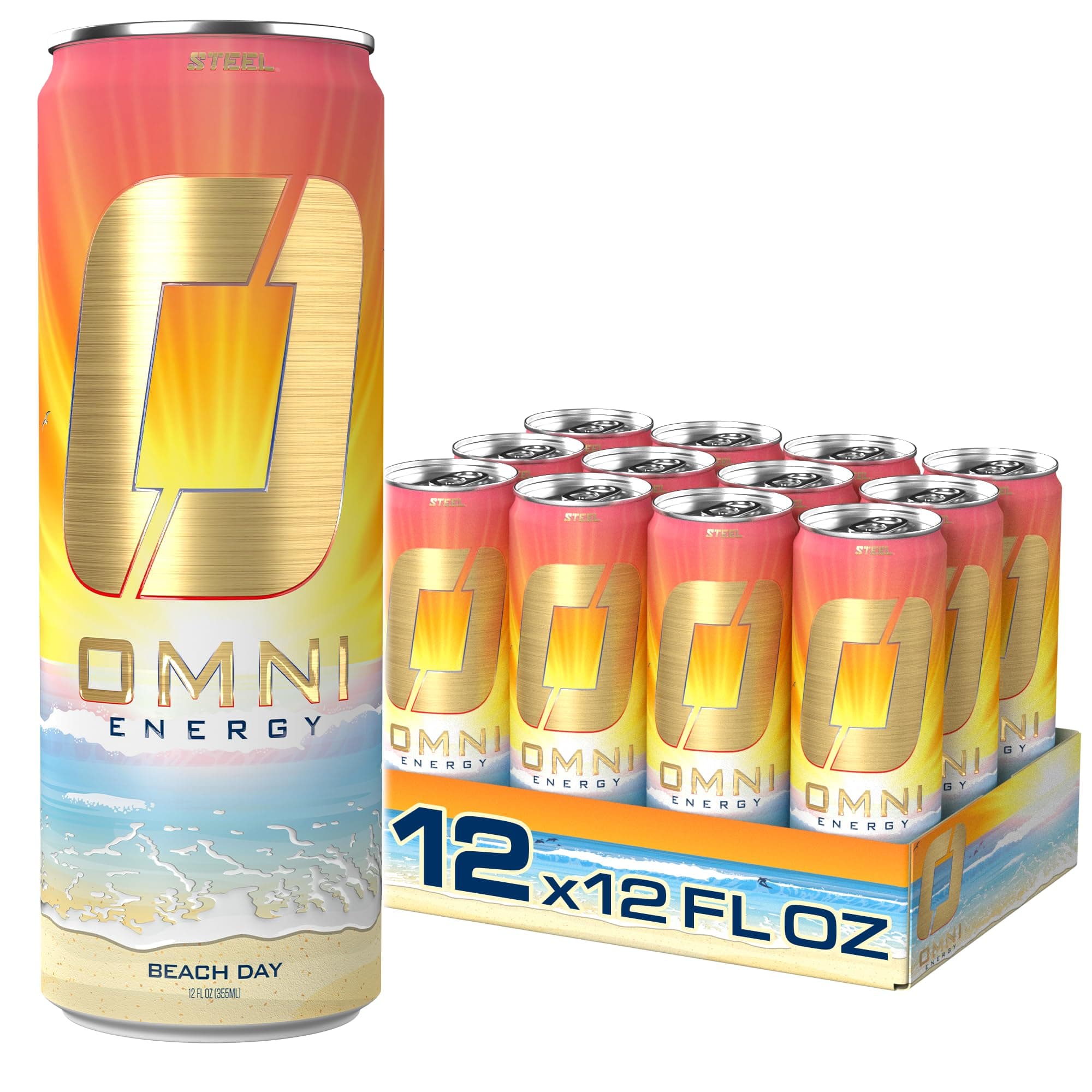OMNI Energy Drink Beach Day 12 Oz (Pack of 12) | 200mg Caffeine, B Vitamins | Sugar-Free, Low Calorie, Energy Drink for All-Day Vitality