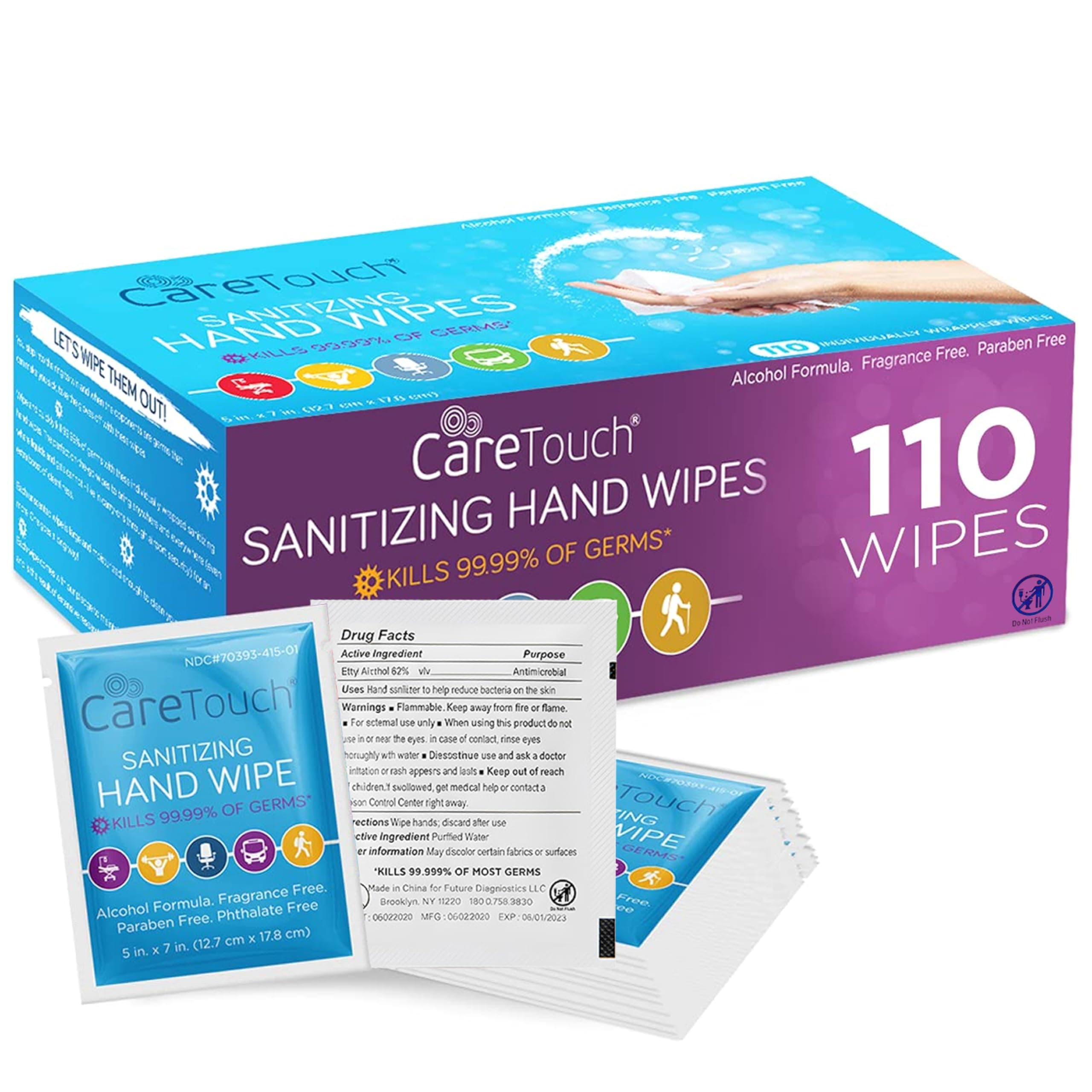 Care Touch Hand Sanitizer Wipes - 110 Hand Wipes Individually Wrapped - Travel Size - Sanitizing Wet Wipes for Home, Office & Outdoor Use