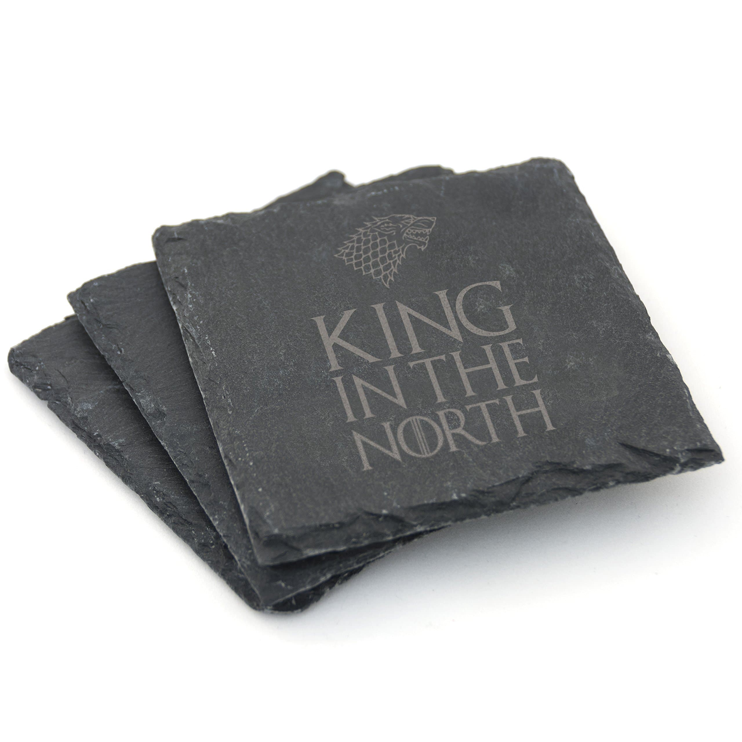 Naturschiefer-Untersetzer, Motiv: Game of Thrones, 2er- / 4er-Set, Geschenkidee, Schiefer, King in the North, 2er-Set