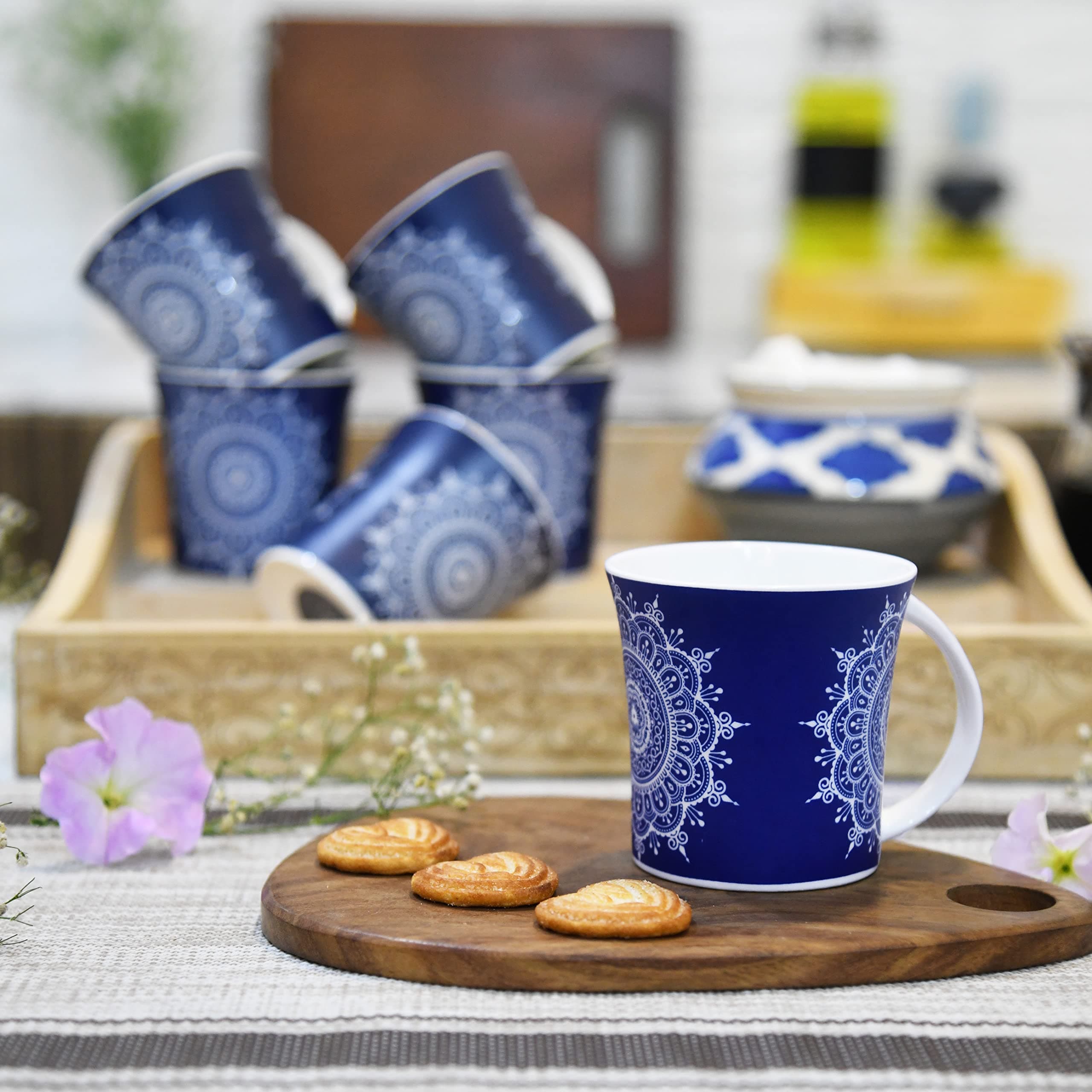 Femora Ceramic Eternal Circle Tea Cups, Coffee Mugs, Set of 6, 160 ML, Blue
