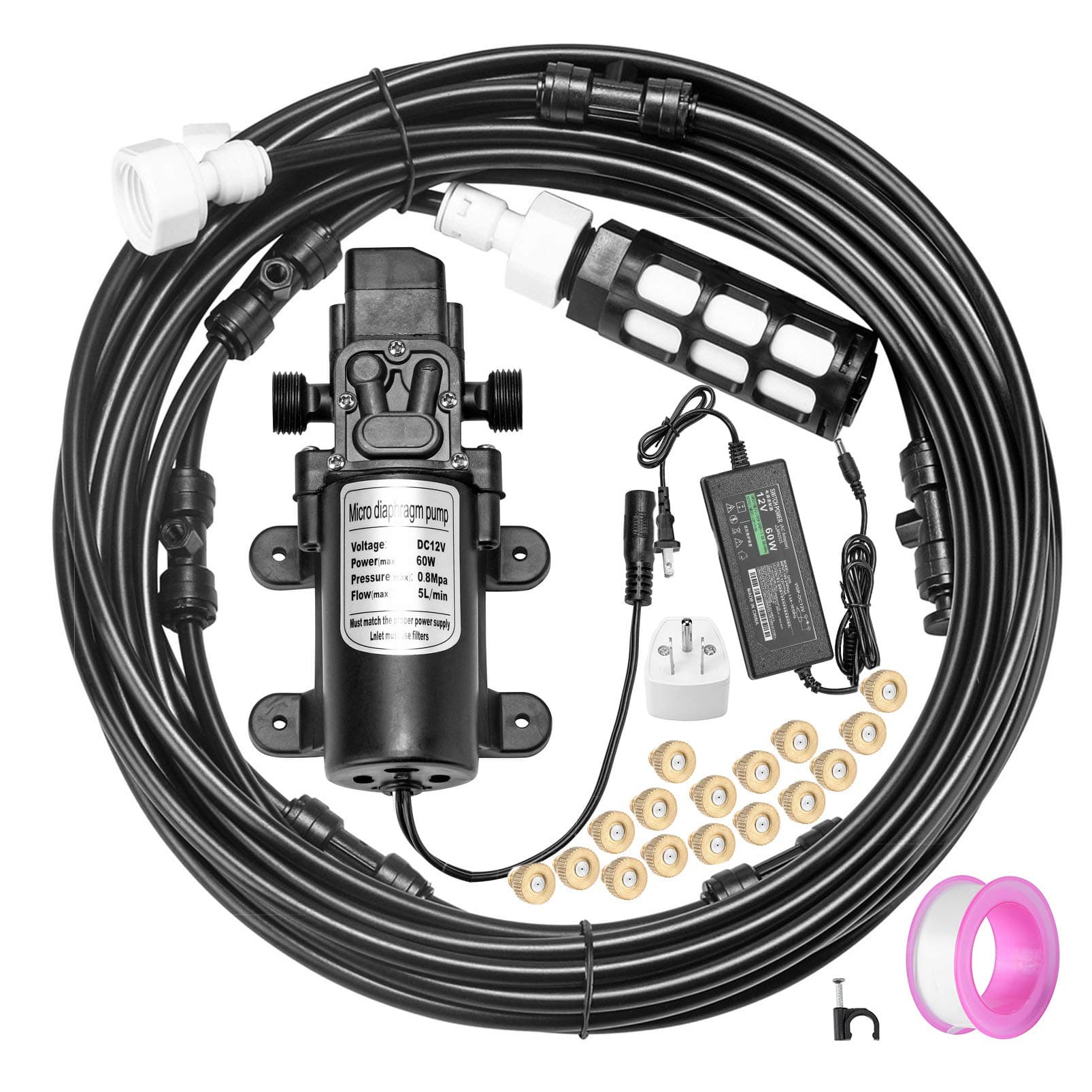 ACBungji Misting Cooling System with Pump Filter Kit,40FT/12M Mist Hose 16 Brass Mist Nozzle 116 PSI 5L/Min DIY for Outdooor Patio Porch Greenhouse Backyard