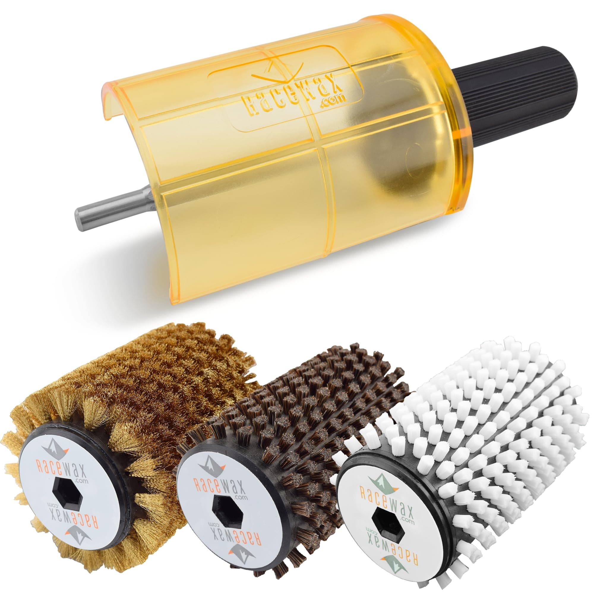100mm Roto Brush Ski Wax Kit SnapOut Quick-Change Axle 3 Brushes (Brass, Horse Hair and Nylon) for Waxing - (ZL-6116)