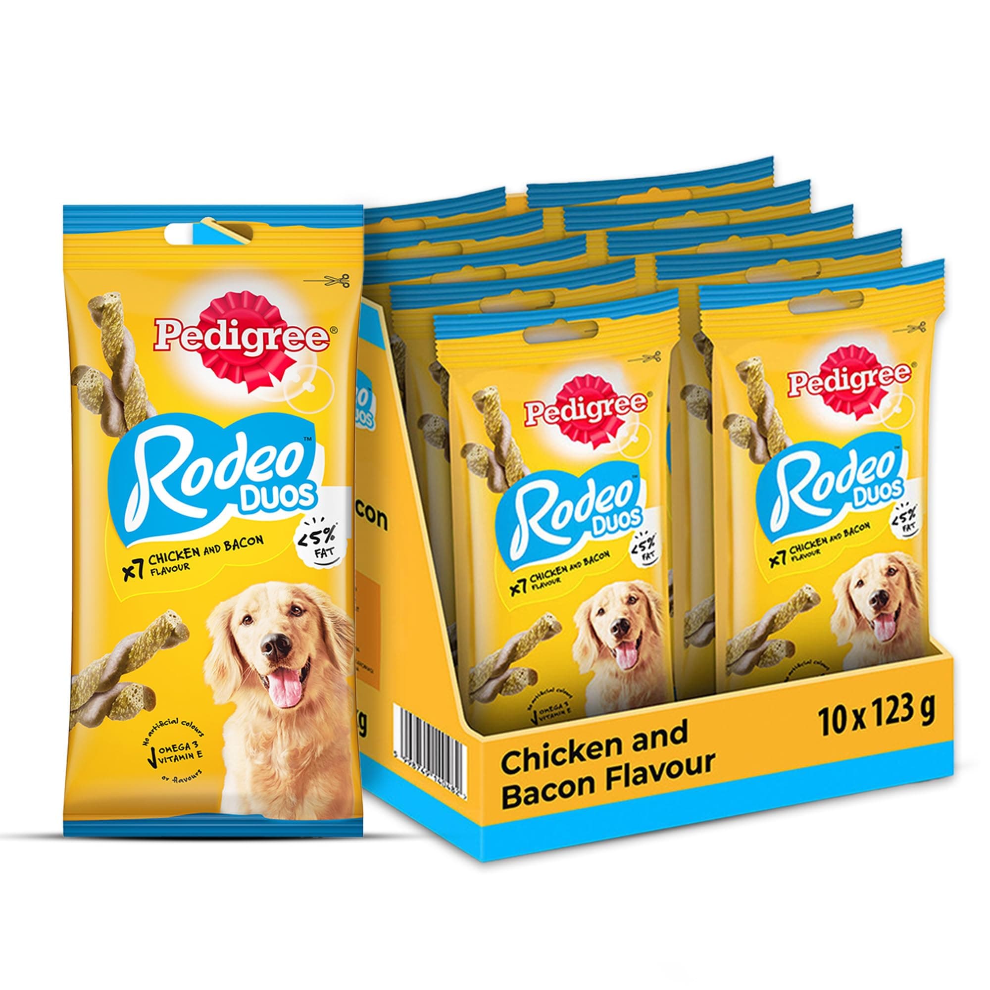 Rodeo Duos (4+ Months) Dog Treats, Chicken & Bacon Flavour, 123 g (Pack of 10), Low-Fat Treat, Contains Omega 3, Vitamin E & Calcium, Supports Strong Bones