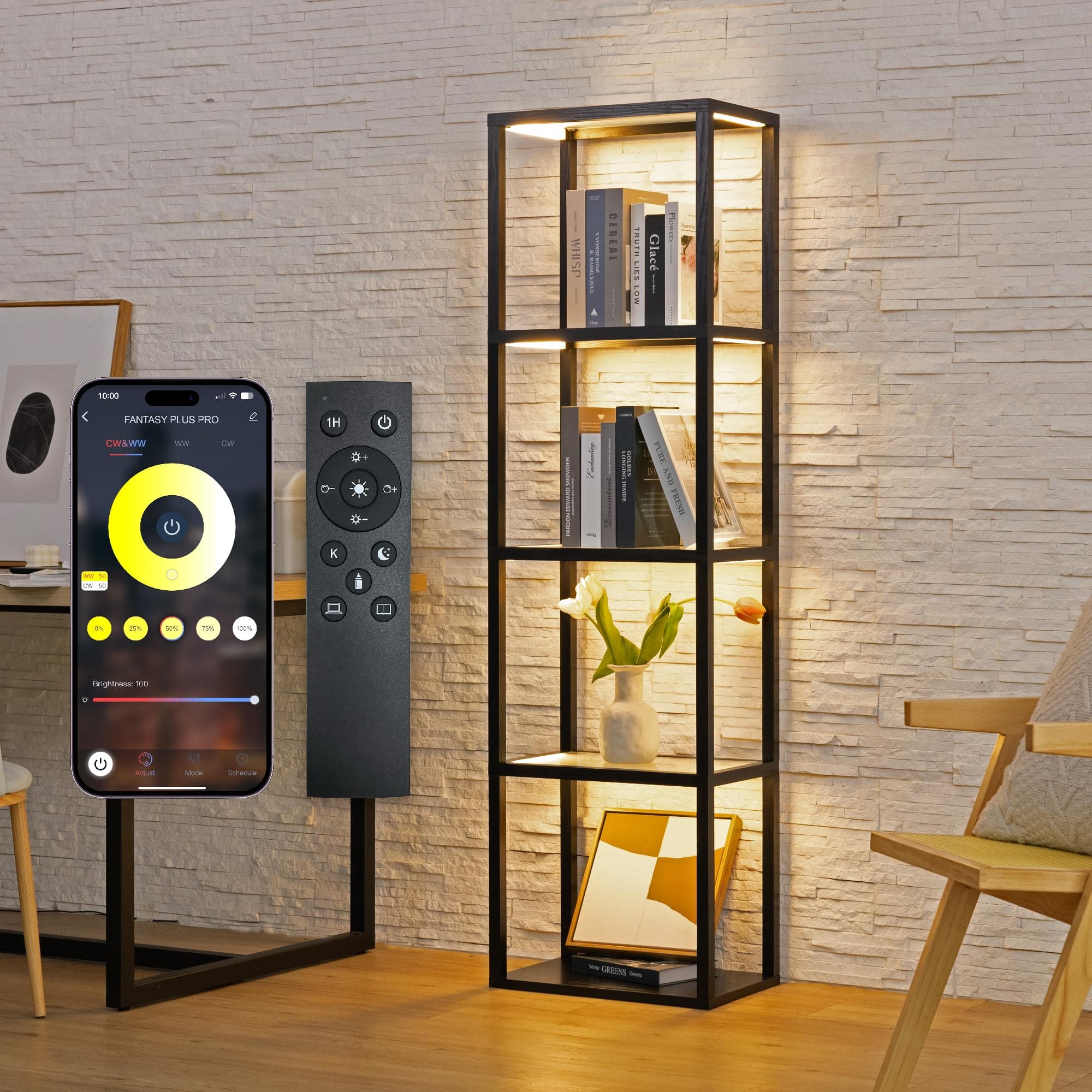 FENLO Fantasy Plus - Tall Display Shelf with Dimmable LED Floor Lamp, Sturdy Curio Cabinet with Glass Bookcase, Decorative Glass Display Shelf for Bedroom, Open Bookshelf with Color Changing