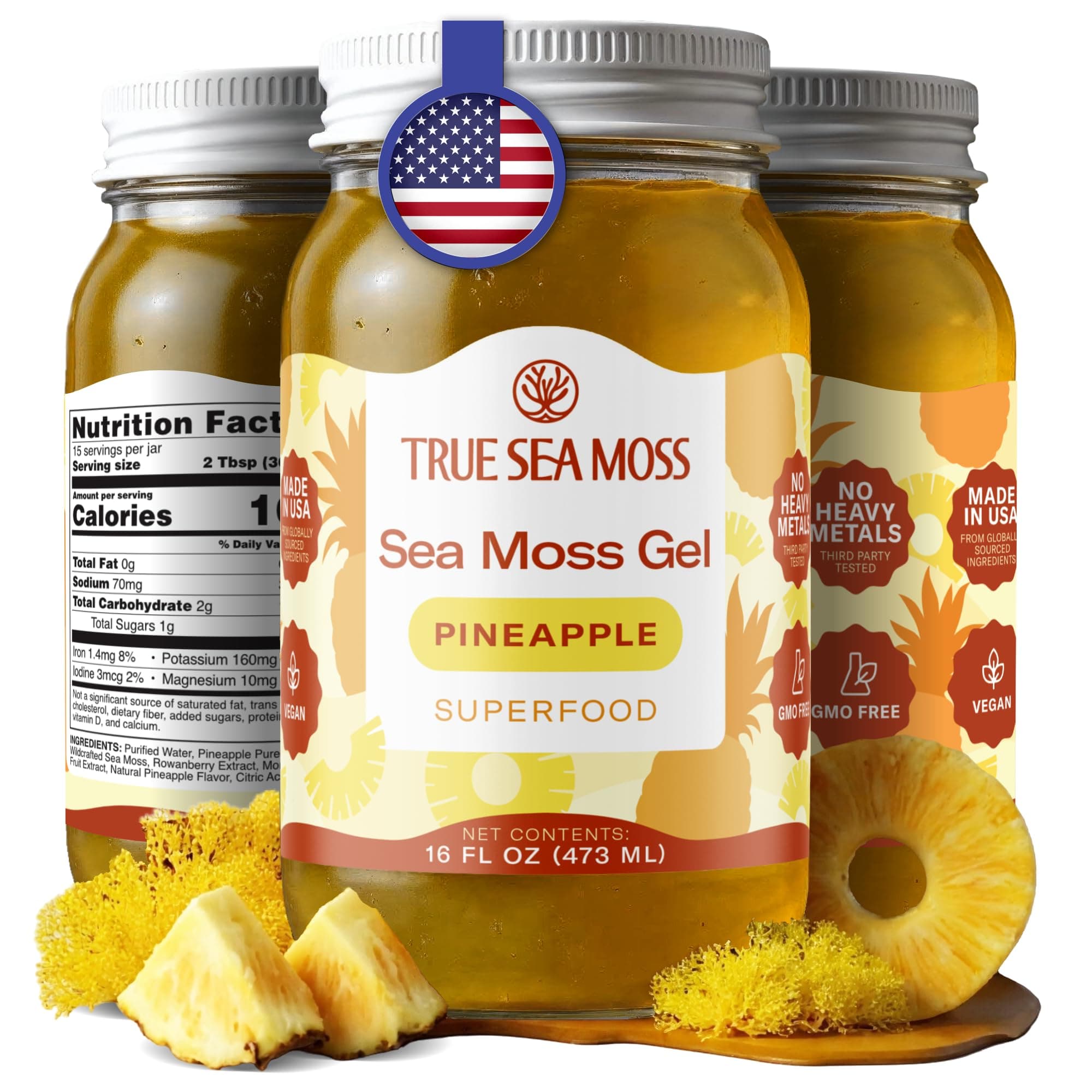 TrueSeaMoss Sea Moss Gel – Made in USA – Wildcrafted Seamoss, Fruits & Jarred Vegetables – Pineapple, Pack of 1 (Labels may Vary)