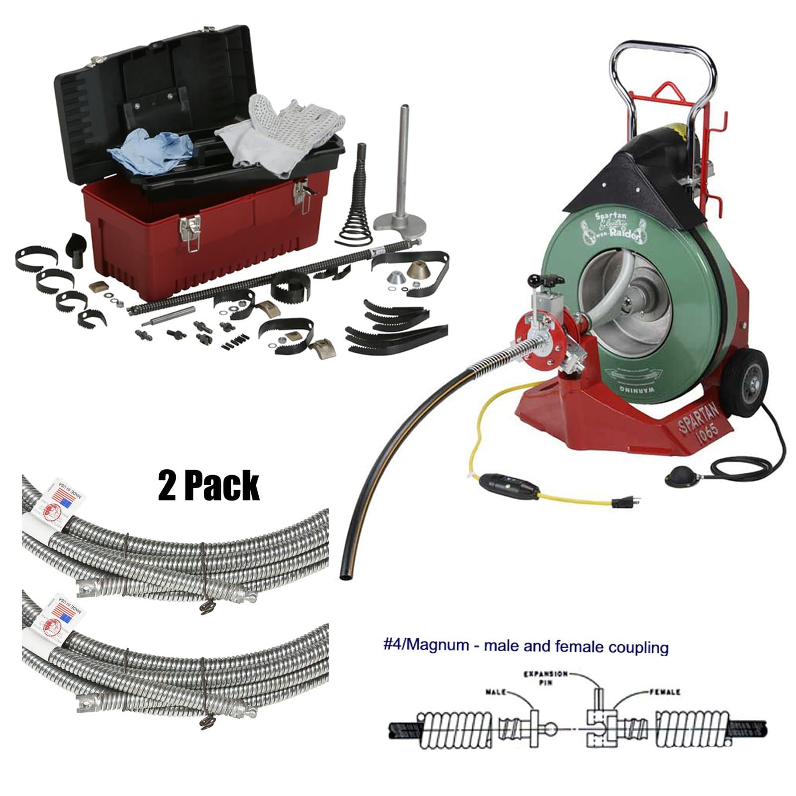 1065 Drum Drain Cleaning Machine with .66 x 50' Magnum Drain Cable and 0.66" Magnum Tool Box and Cutter Kit 44115804