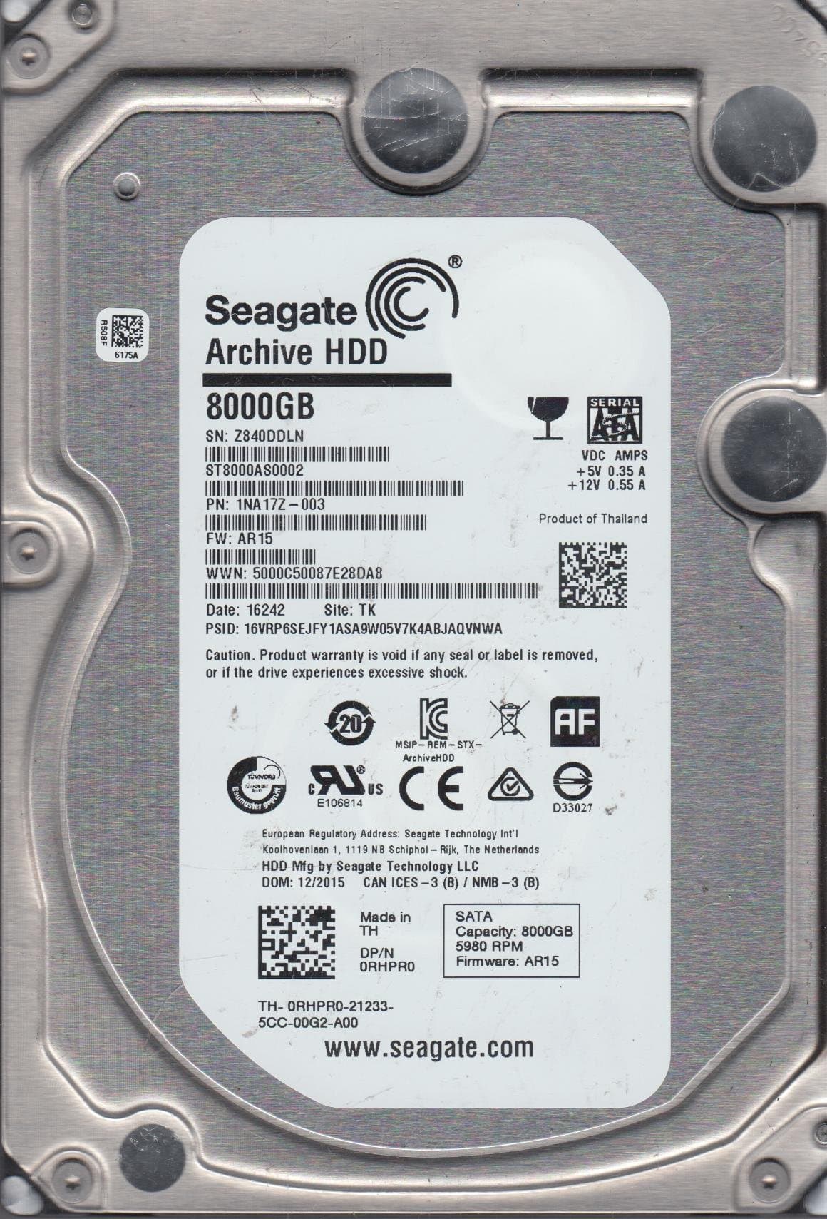 Archive HDD v2 8TB SATA 6Gb/s 128MB Cache 3.5-Inch Internal Bare Drive with SMR Technology (ST8000AS0022)