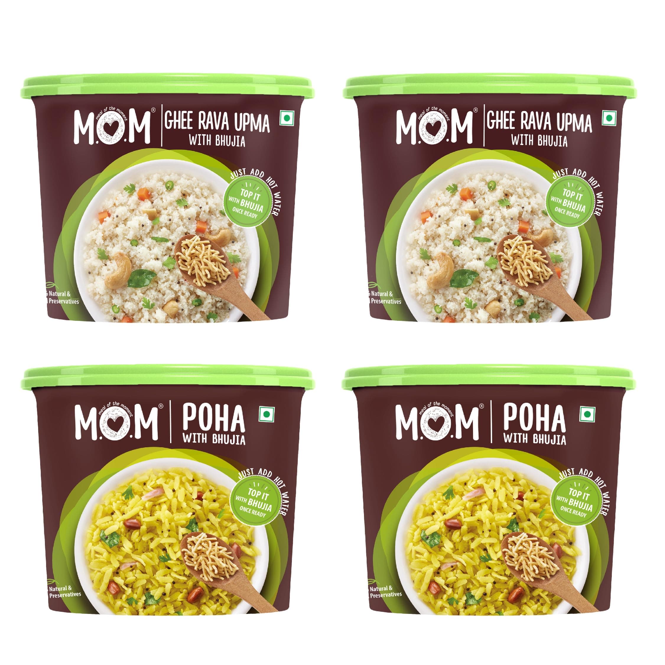 MOM - Meal of the Moment, Breakfast Combo Pack of Poha with Bhujia and Ghee Rava Upma with Bhujia (2 Units Each) - Ready to Eat | Instant Food | No Added Preservatives