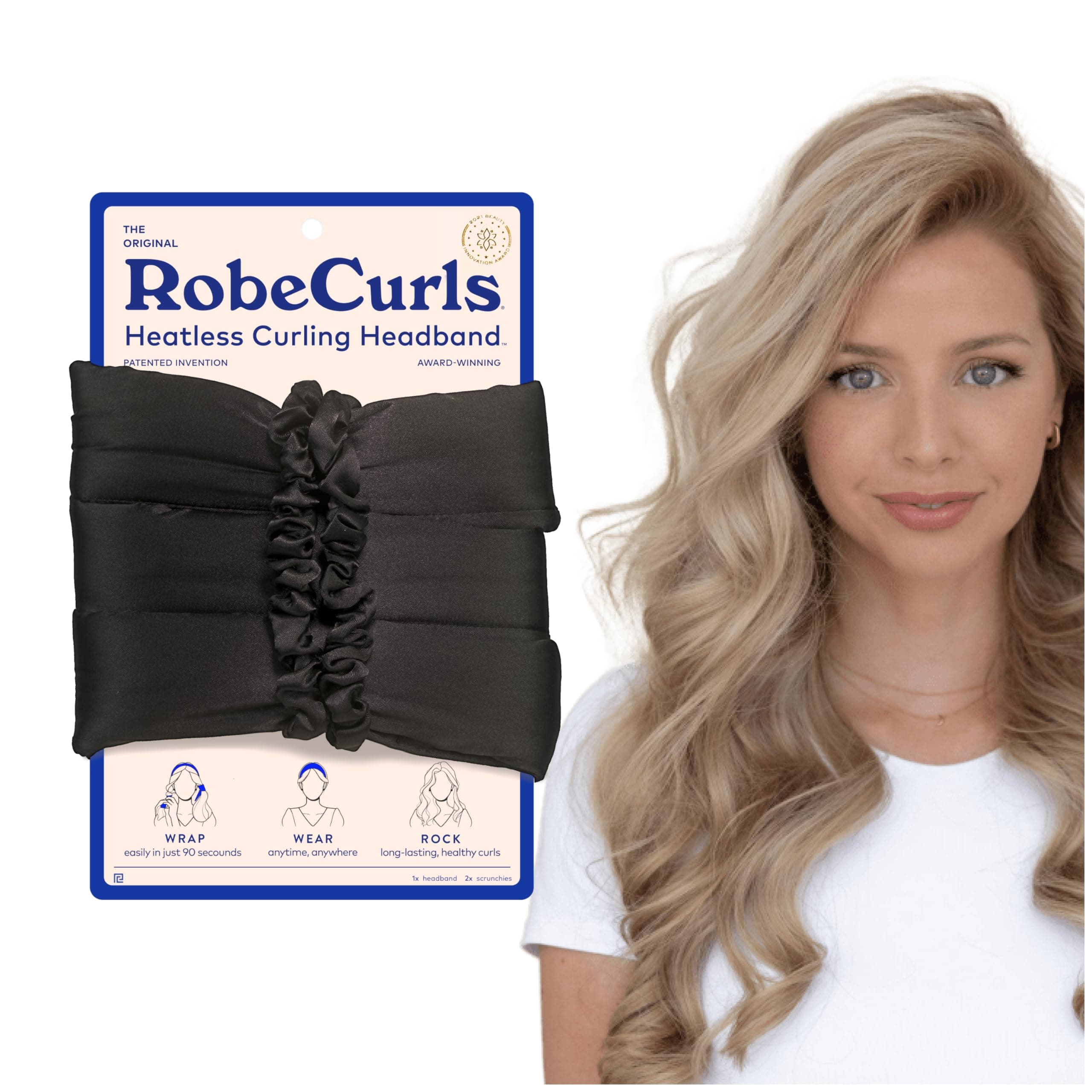 RobeCurls Original Heatless Hair Curler Set with 2 Scrunchies - Patented Satin Curling Headband with Wire Hold for Heatless Curls Overnight - Gentle Hair Curlers to Sleep In for Women & Kids, Black
