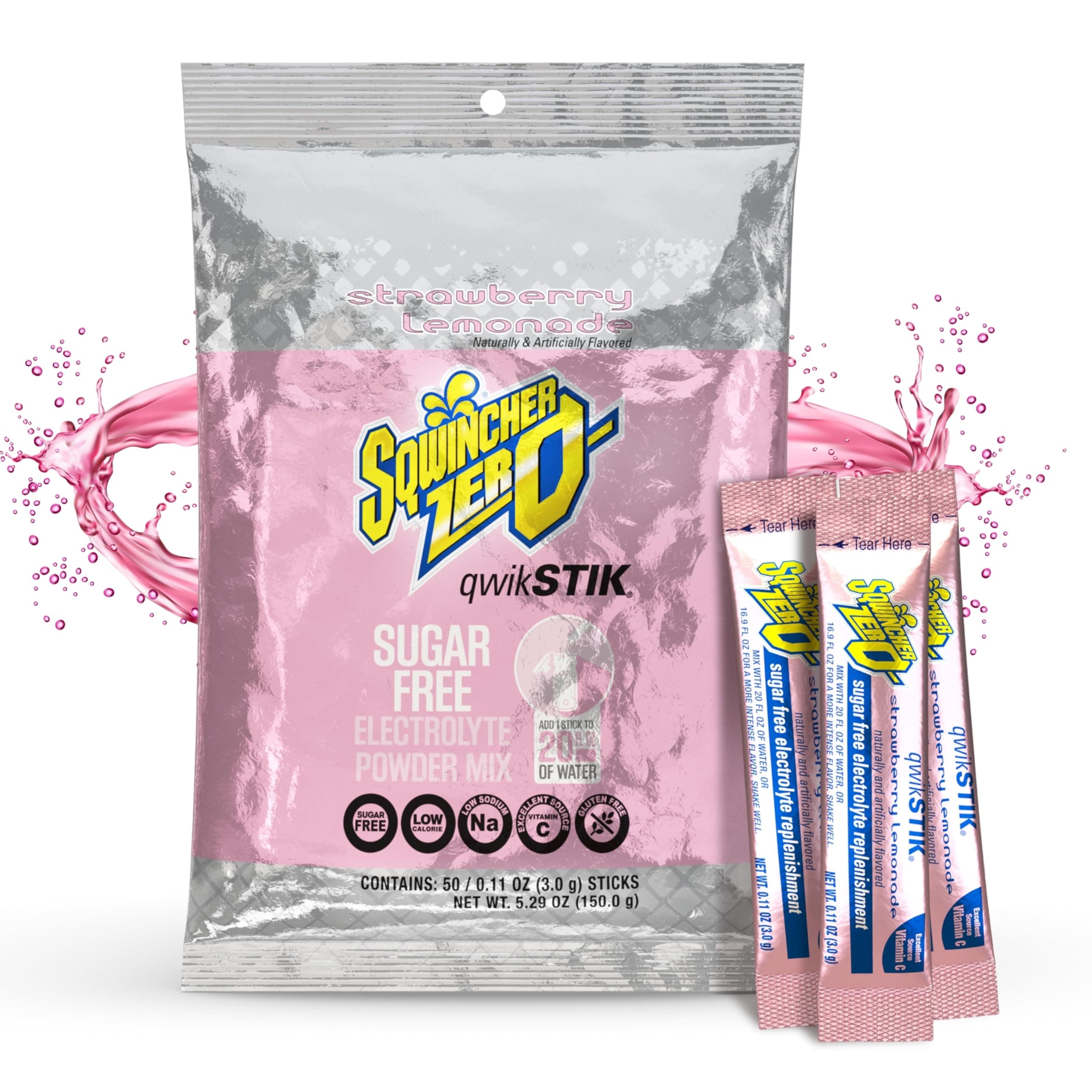 Sqwincher Zero Qwik Stik, Strawberry Lemonade, Sugar Free, Low Calorie, Low Sodium Electrolyte Powder Hydration Drink Mix, .11 0z Packet (Pack of 50)