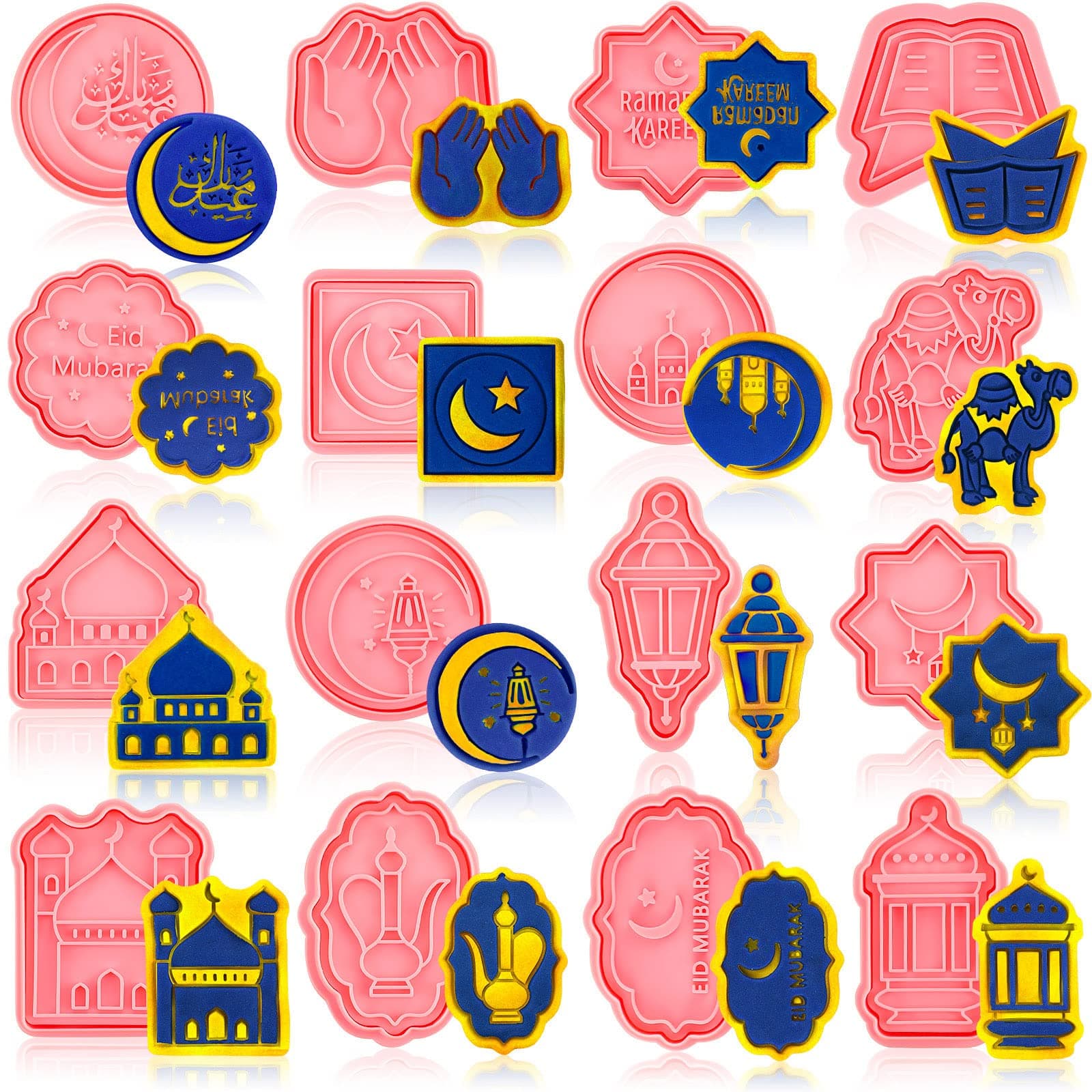 Honeydak 16 Pieces Ramadan Cookie Cutters Eid Mubarak Cookie Mold with Plunger Stamps Moon and Star 3D Stamper Islamic Muslim Mini Ramadan Plastic DIY Tools for Baking Fondant Supplies