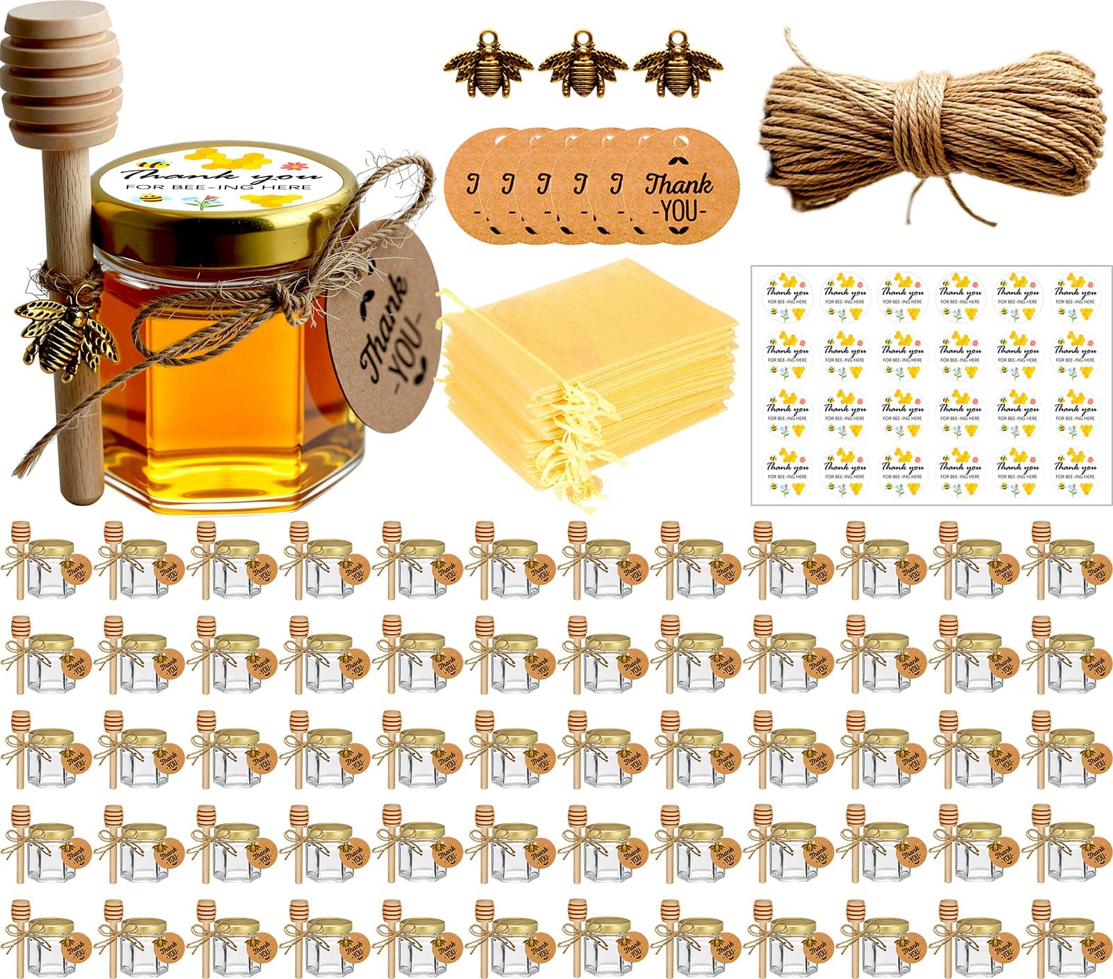 Adabocute 20 Pack Mini Honey Jars - Elegant Glass Honey Pot With Honey Dipper, Gold Lid, Bee Pendants and Jutes - Perfect For Baby Shower Favors, Wedding Favors