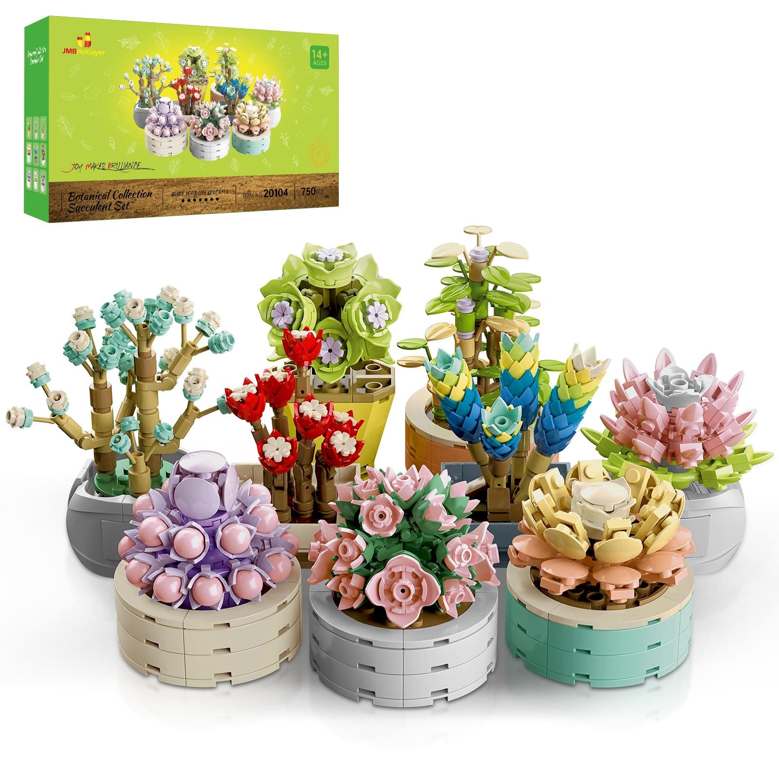 JMBricklayer Succulent Flowers Botanical Collection Building Set, Plants Office Home Decor Succulents Bonsai Building Toys, Creative Building Project for Adults, Gifts for Girls Women(750 Pieces)