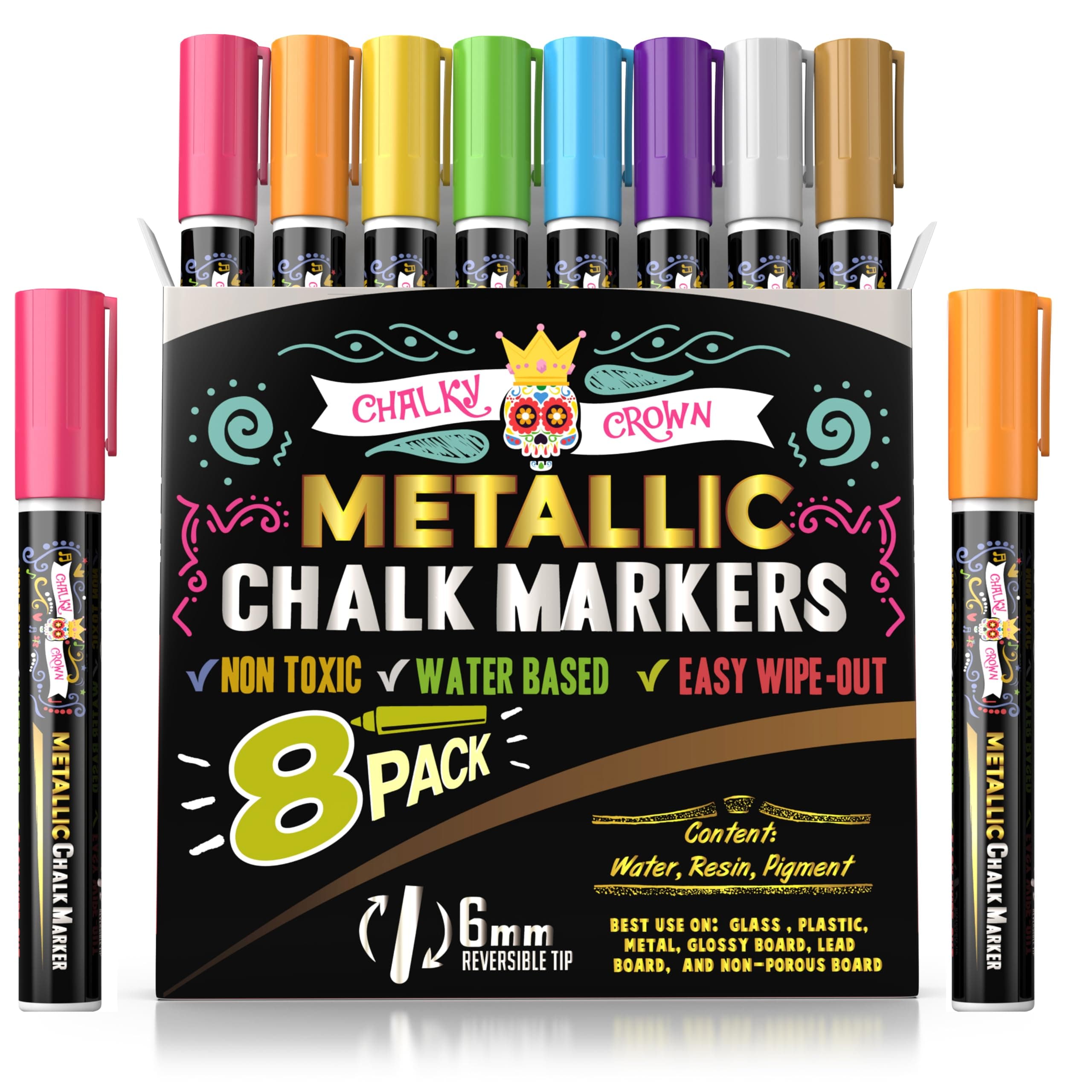 Metallic Liquid Chalk Markers - 8 Pack with Reversible Bullet and Chisel Tips - Dust Free, Erasable, Non-Toxic - Ideal for Blackboards, Windows, and Glass - Writing Tools