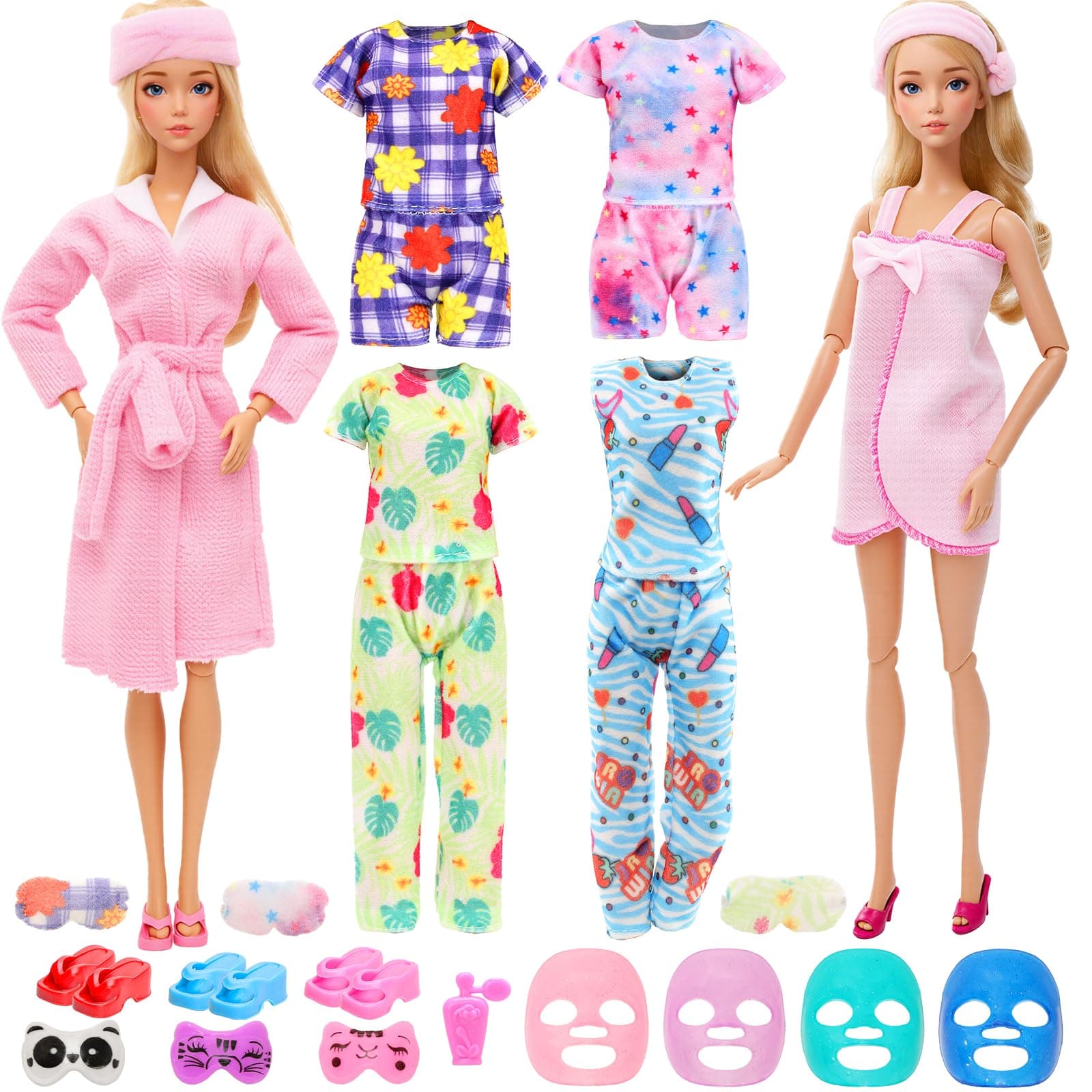23 Pcs Doll Clothes and Accessories Including 6 Sets Bathrobes Pajamas, Towels, Headband, 3 Slippers and 8 Toiletries Accessories for 11.5 inch Girl Doll