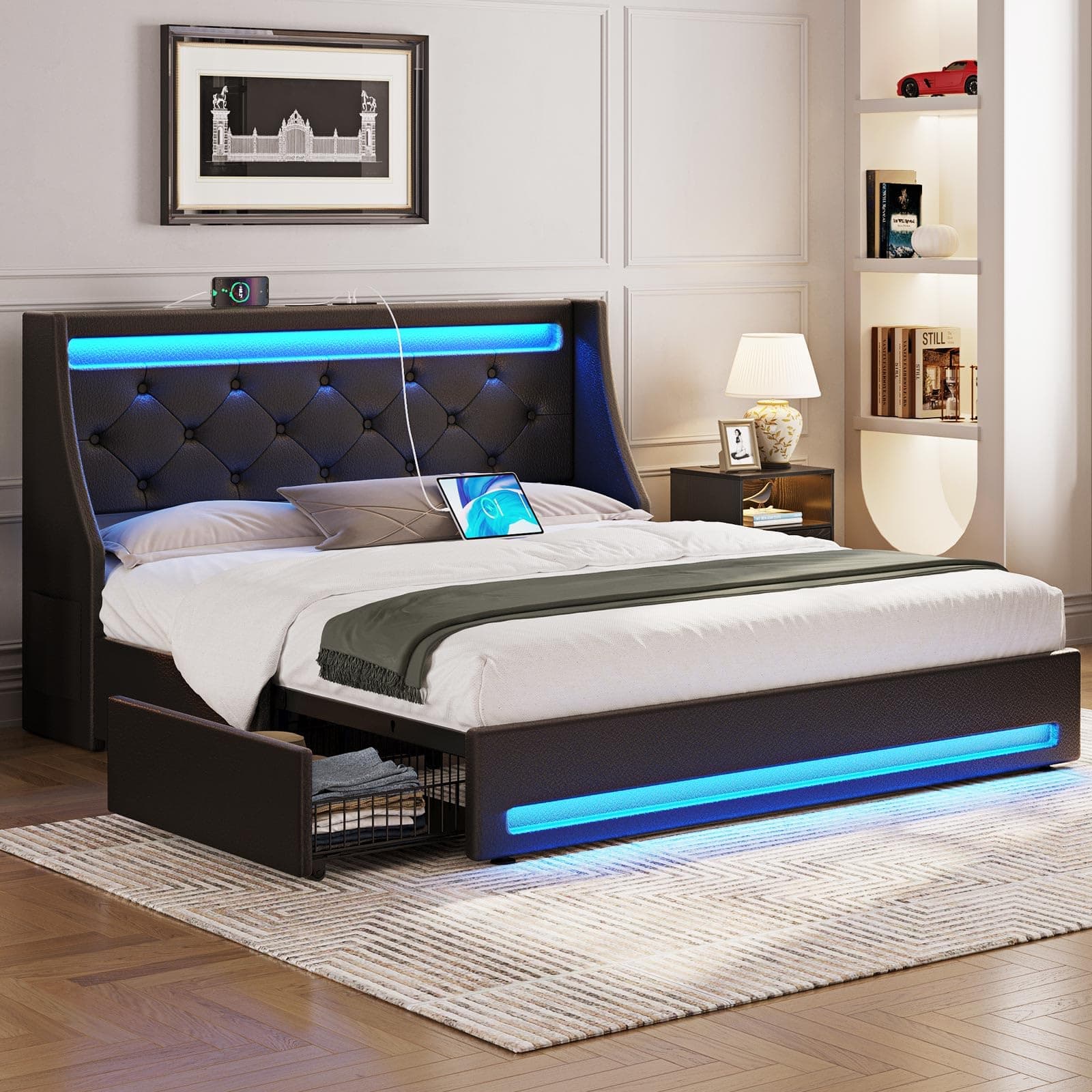 Rolanstar Queen Size Bed Frame with LED Lights and Charging Dock, Faux Leather Bed with Drawers, Wooden Slats, No Noise, Easy Assembly, Black